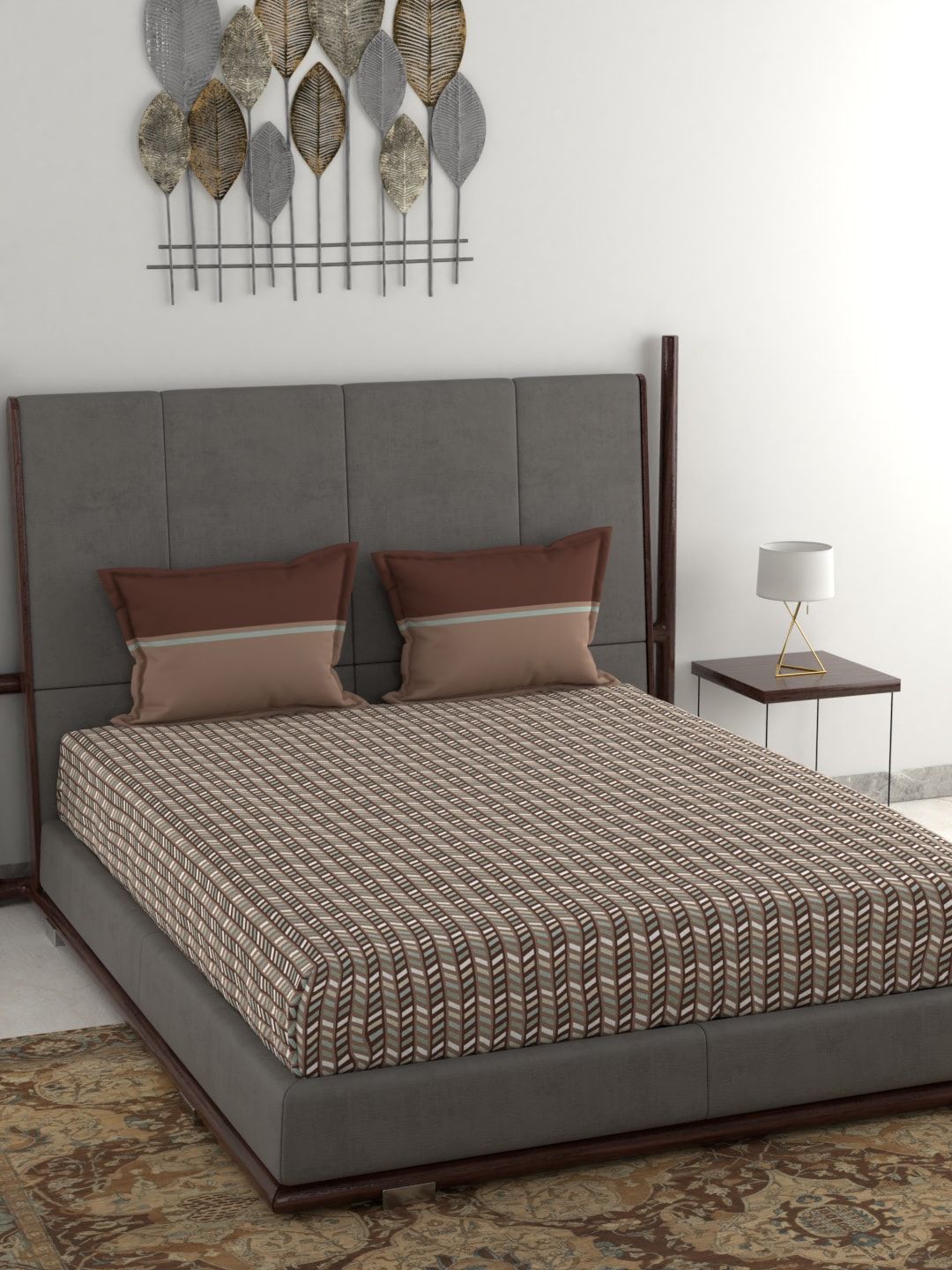 Trident Brown & Grey Geometric 120 TC Cotton Queen Bedsheet with 2 Pillow Covers Price in India