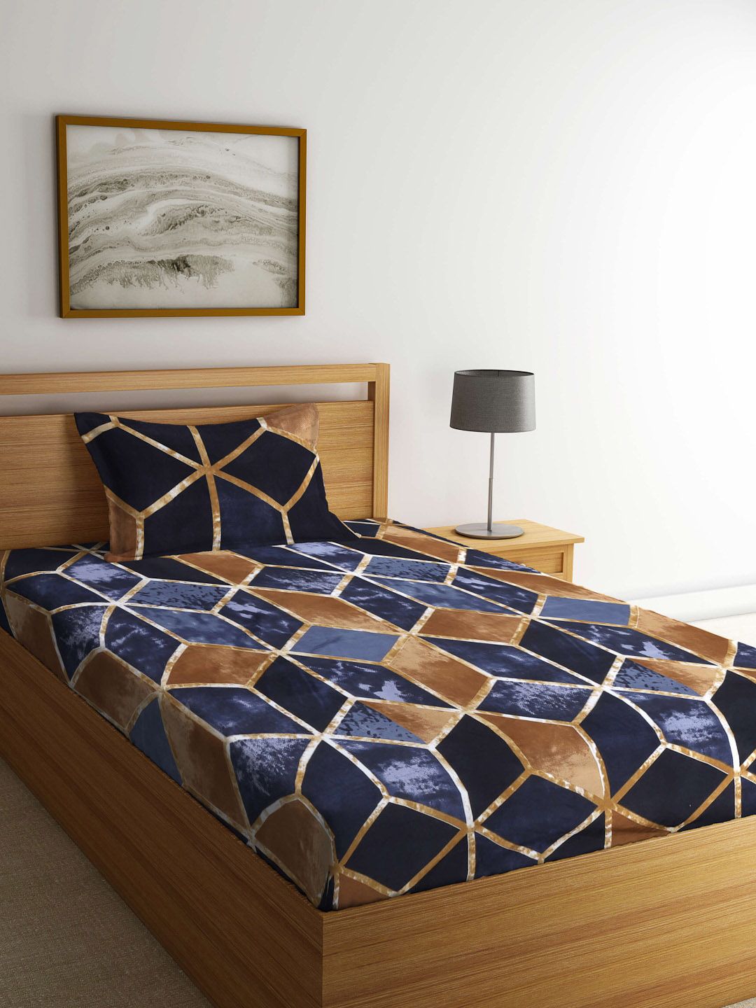 Arrabi Brown & Blue Graphic 300 TC Single Bedsheet with 1 Pillow Covers Price in India