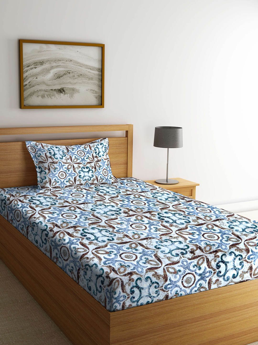 Arrabi Blue & Brown Ethnic Motifs 300 TC Single Bedsheet with 1 Pillow Cover Price in India