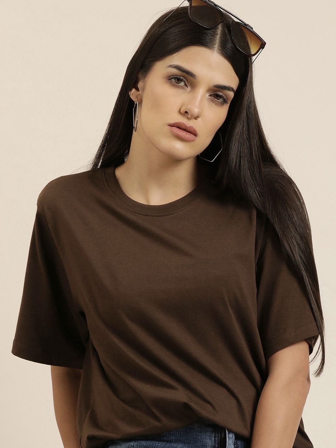 DILLINGER Women Brown Solid Pure Cotton Oversized T-shirt Price in India