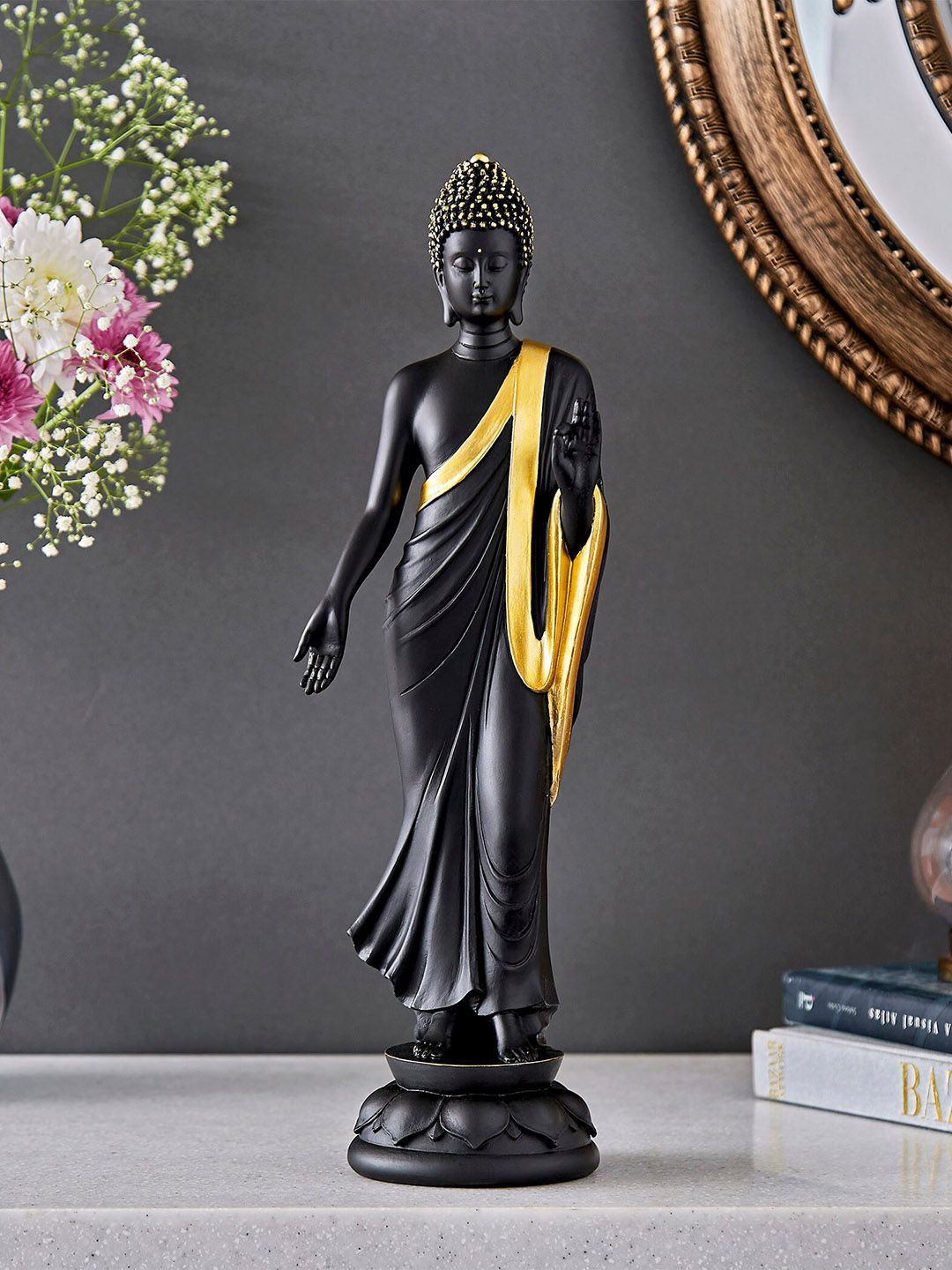 Home Centre Black And Gold-Toned Textured Polyresin Standing Buddha Showpiece Price in India