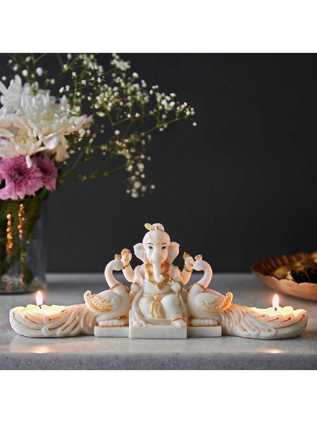 Home Centre White & Gold-Toned Ganesha Figurine With 2 Peacock T-Light Holders Price in India