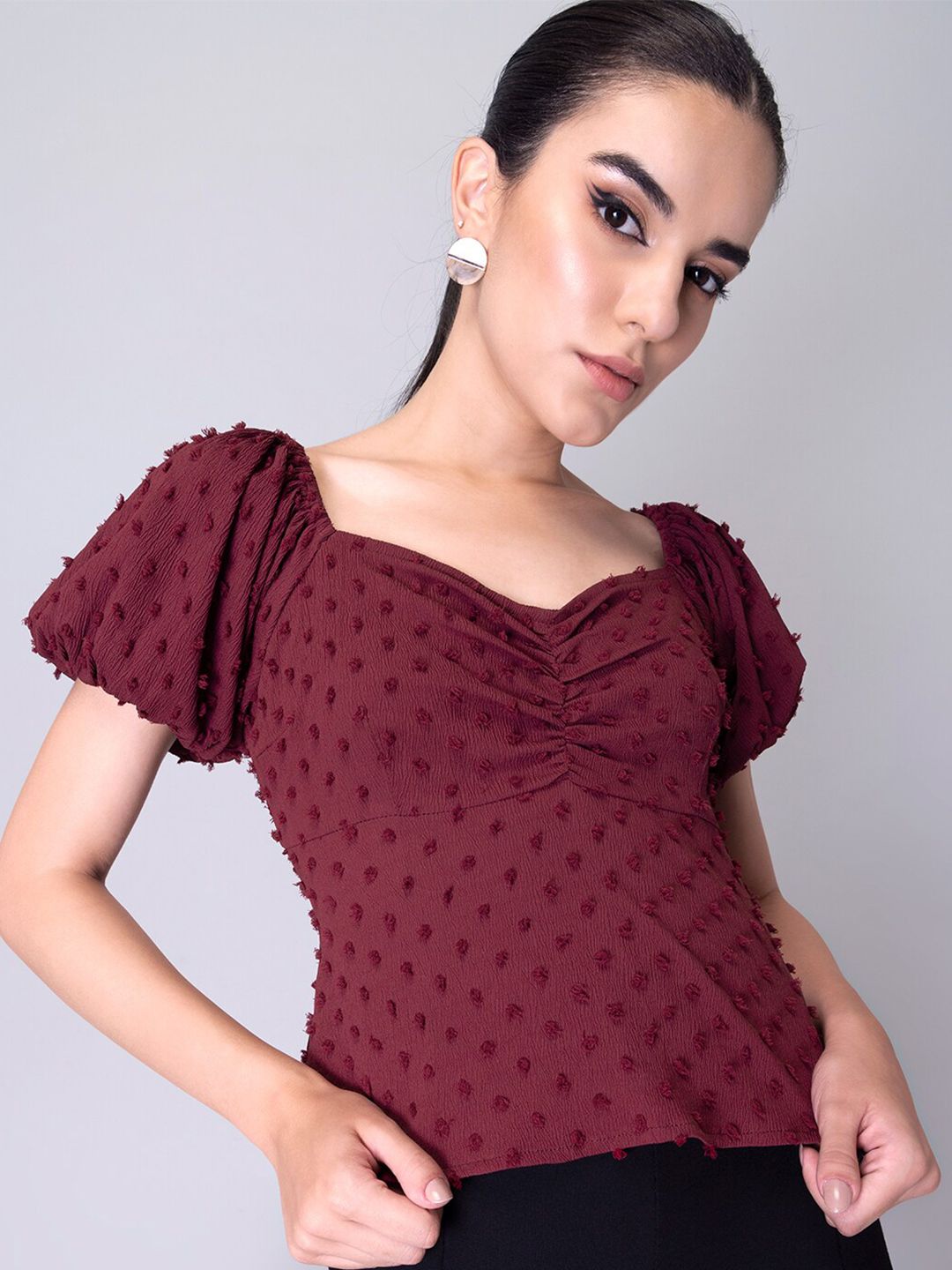 FabAlley Maroon Sweetheart Neck Crepe Top Price in India