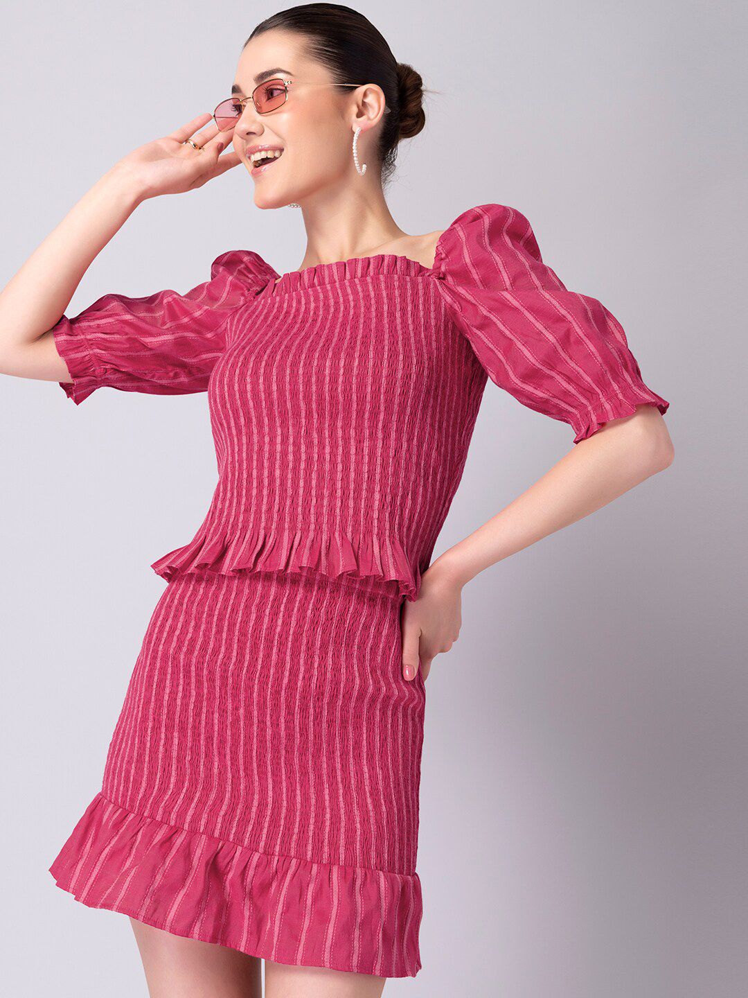 FabAlley Women Pink Striped Smocked Top Price in India