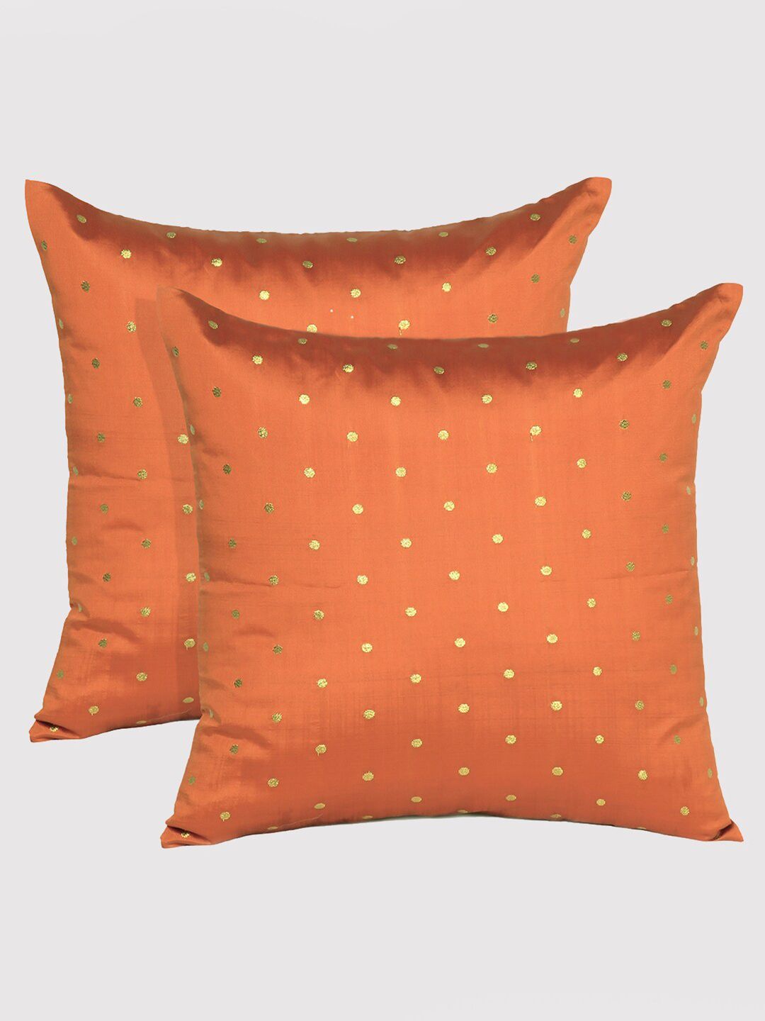 OUSSUM Orange & Gold-Toned Set Of 2 Geometric Square Cushion Covers Price in India