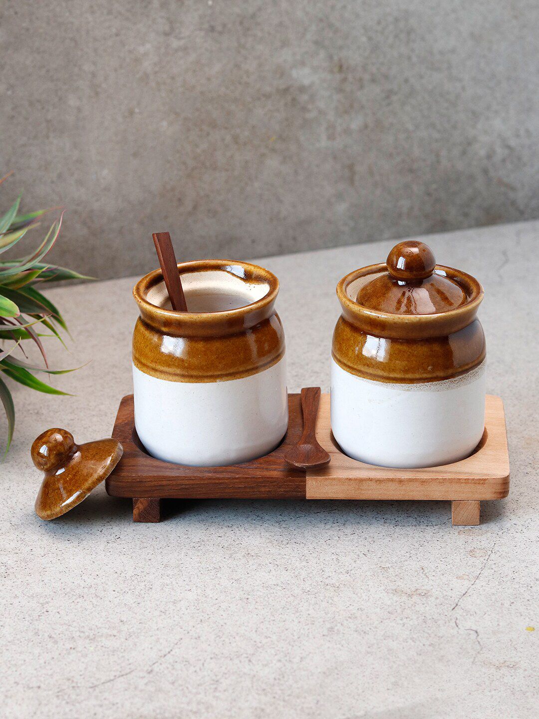 Unravel India Set Of 2 Ceramic Martaban Jar & Spoon With Wooden Tray Price in India