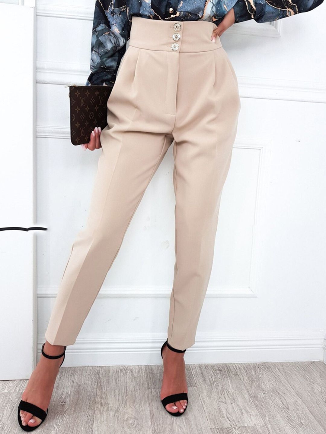 La Aimee Women Khaki High-Rise Trousers Price in India