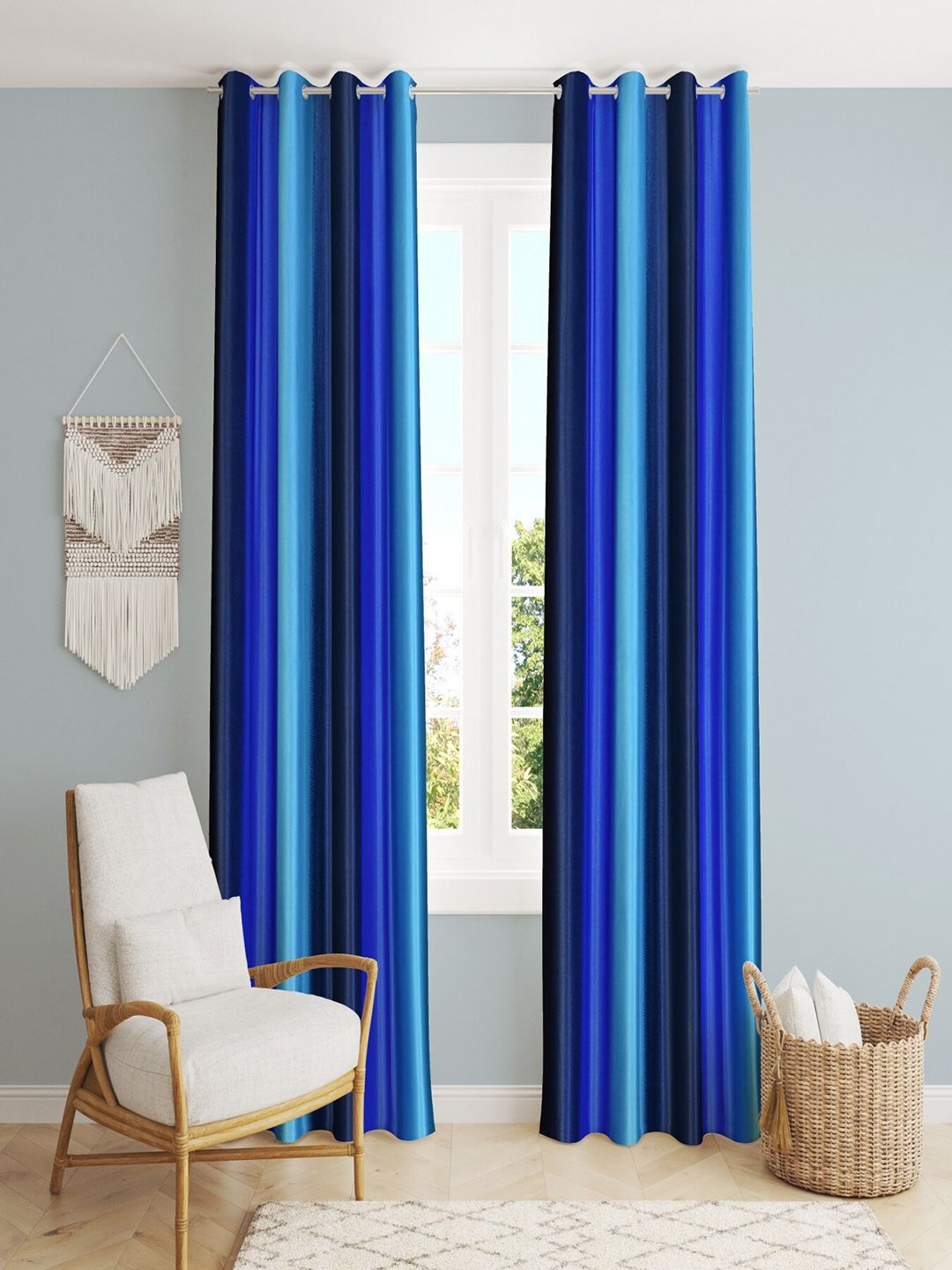 Homefab India Blue Pack of 2 Colourblocked Room Darkening Long Door Curtains Price in India