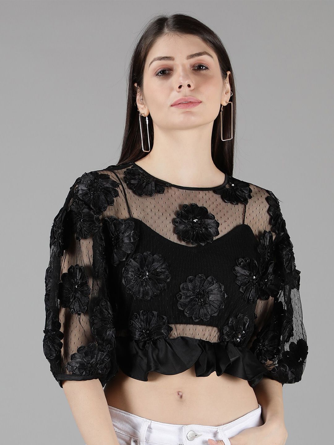 Amagyaa Women Black Floral Embellished Sheer Net Peplum Crop Top Price in India