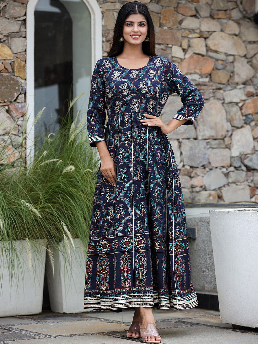 KAAJH Women Blue & Golden Printed Cotton Maxi Ethnic Dress Price in India