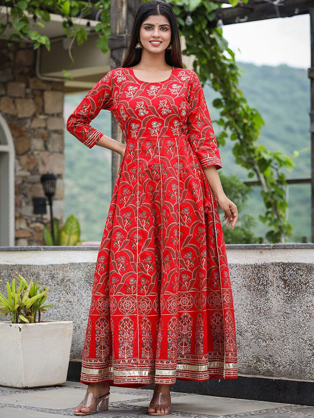 KAAJH Women Red Floral Ankle-length Pure Cotton Ethnic Empire Dresses Price in India