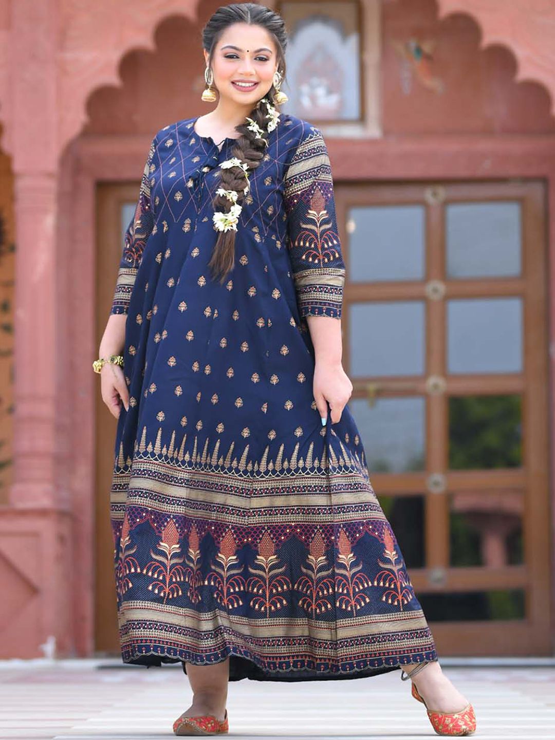 KAAJH Women Blue Printed A-Line Maxi Ethnic Dresses Price in India