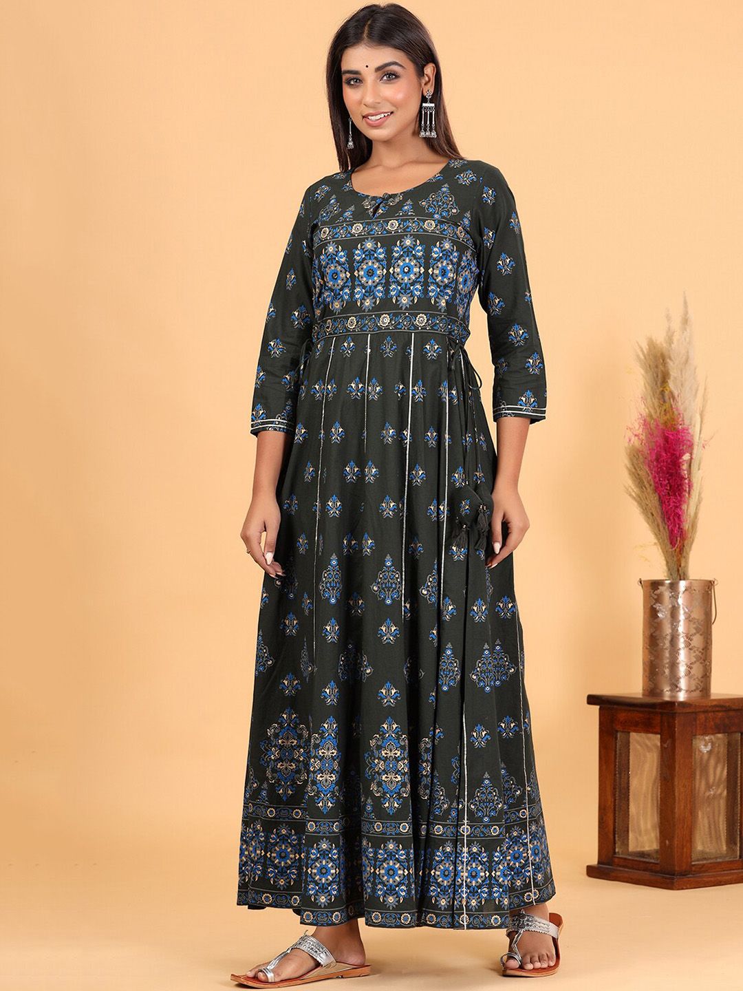 KAAJH Women Green Embroidered Sequinned Cotton Ethnic Dresses Price in India