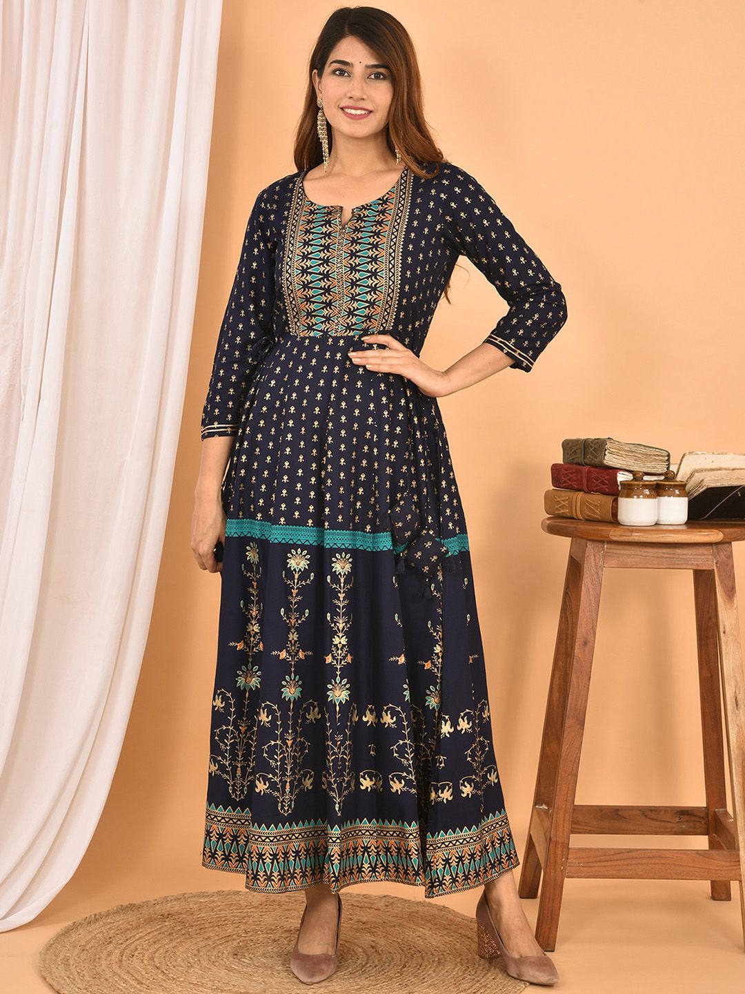 KAAJH Women Blue & Gold-Toned Printed Pure Cotton Maxi Ethnic Dresses Price in India