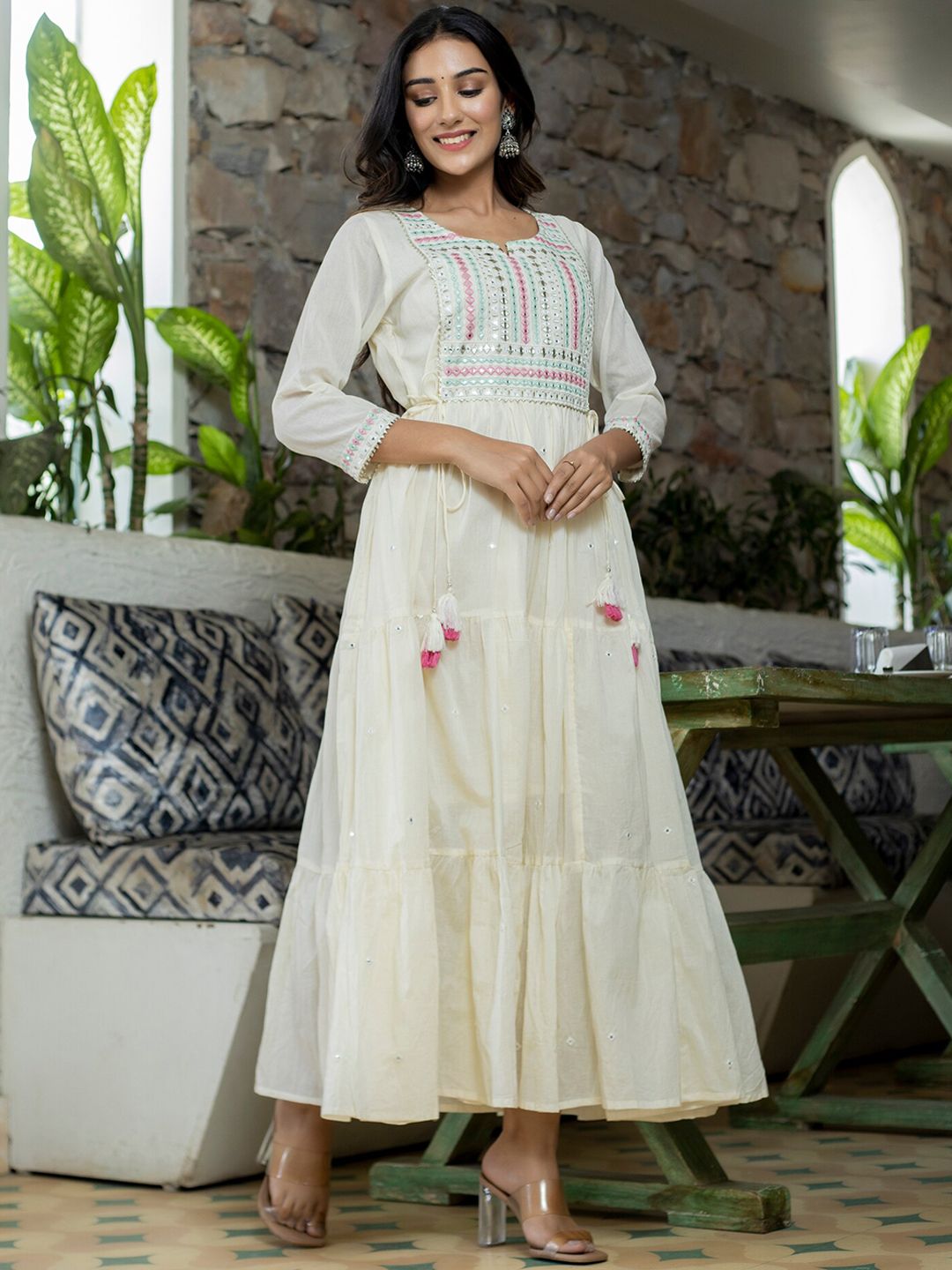 KAAJH Women White Mirror Embroidered Cotton Maxi Ethnic Dress Price in India