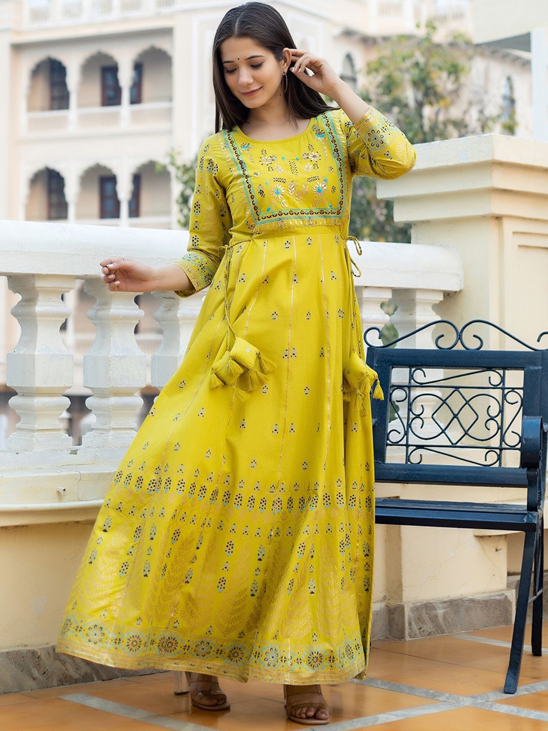 KAAJH Women Yellow Embroidered Pure Cotton A-Line Maxi Ethnic Dresses Price in India