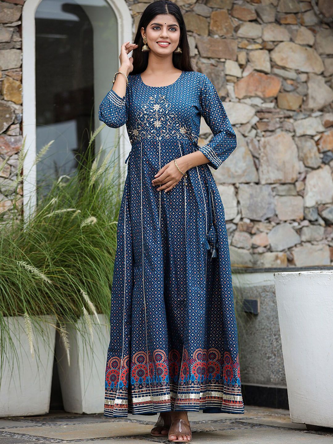 KAAJH Women Blue Embellished Pure Cotton Maxi Ethnic Dresses Price in India