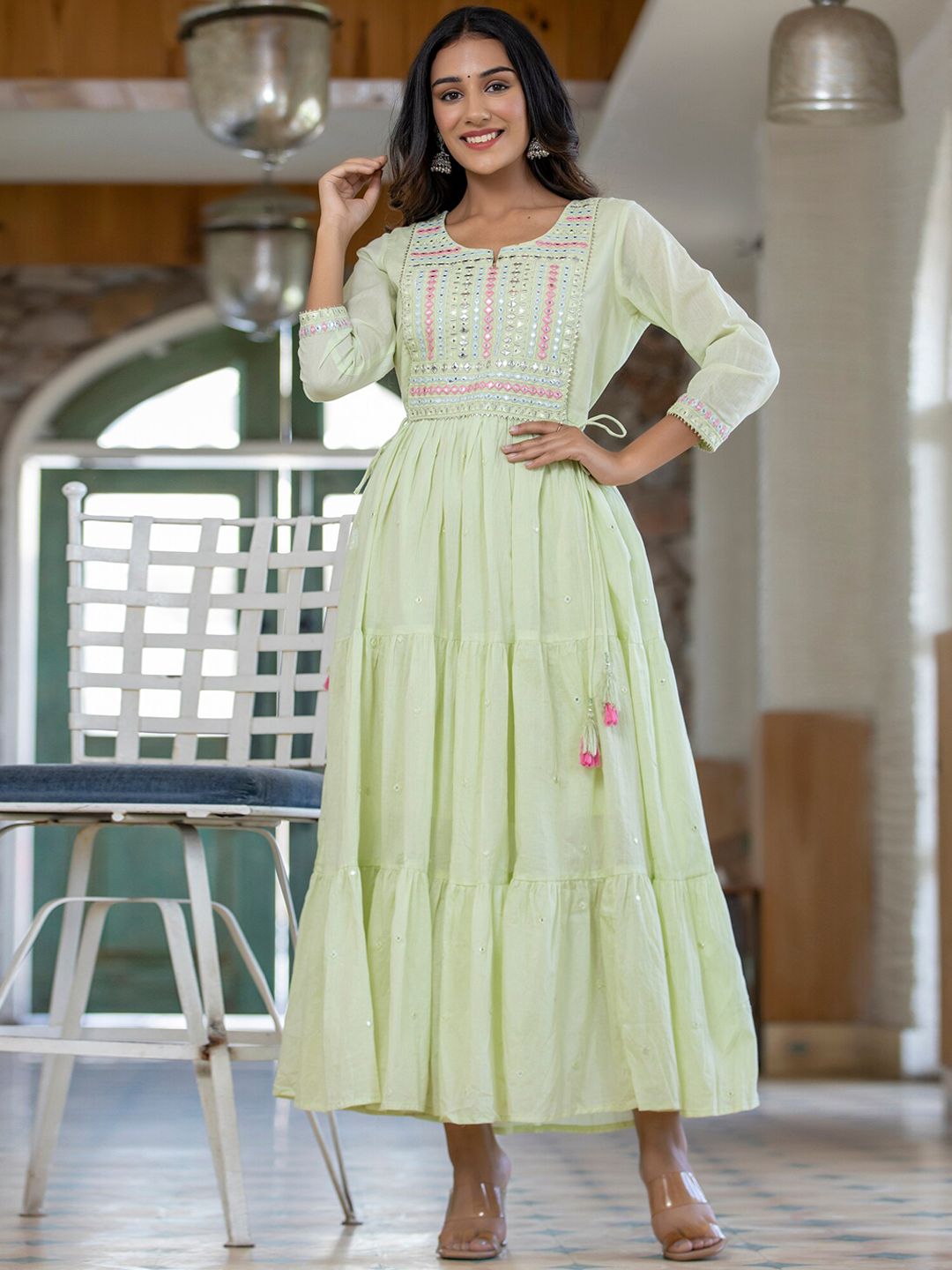 KAAJH Women Green Mirror Embroidered Pure Cotton Long Flared Ethnic Dress Price in India