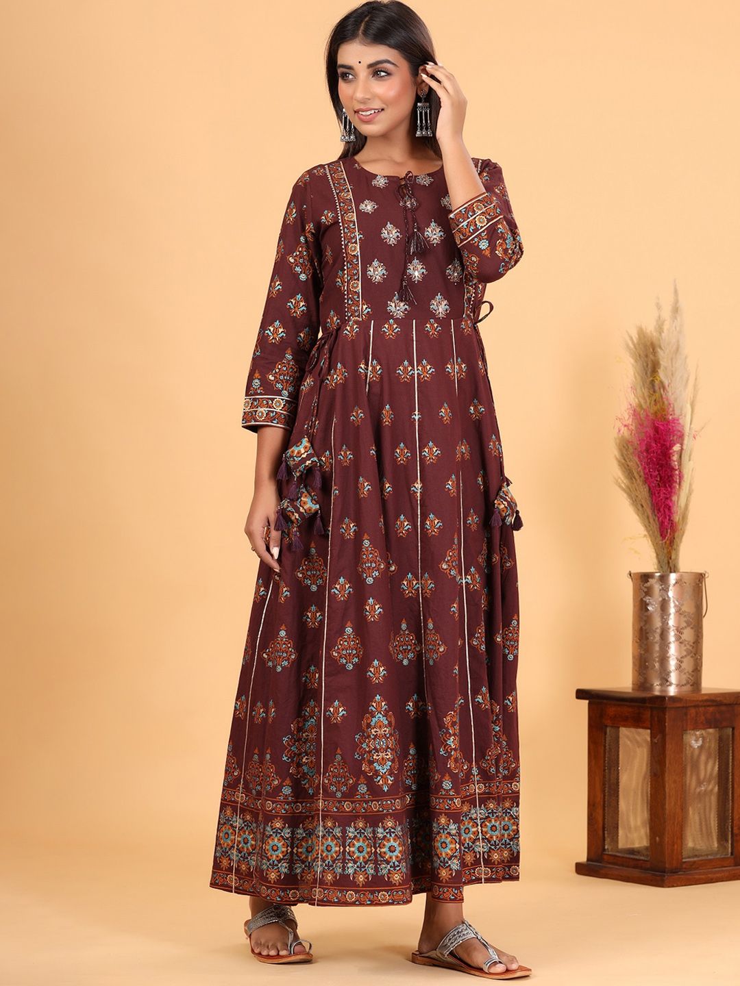 KAAJH Women Maroon Embroidered Maxi Ethnic Dresses Price in India