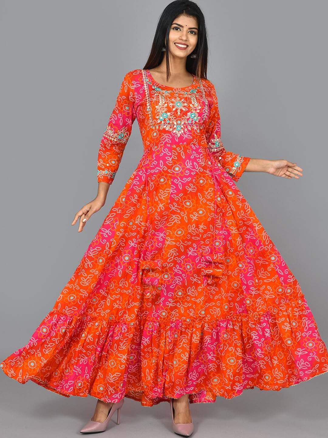 KAAJH Women Orange Printed Fit & Flare Ankle-length Pure Cotton Ethnic Dresses Price in India