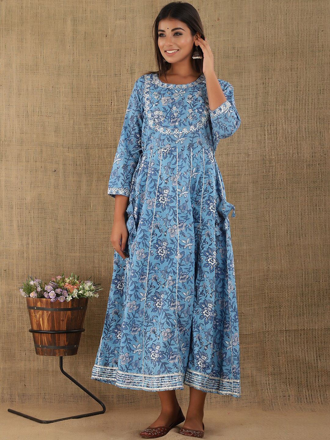 KAAJH Women Blue Embroidered Printed Long Ethnic Dresses Price in India