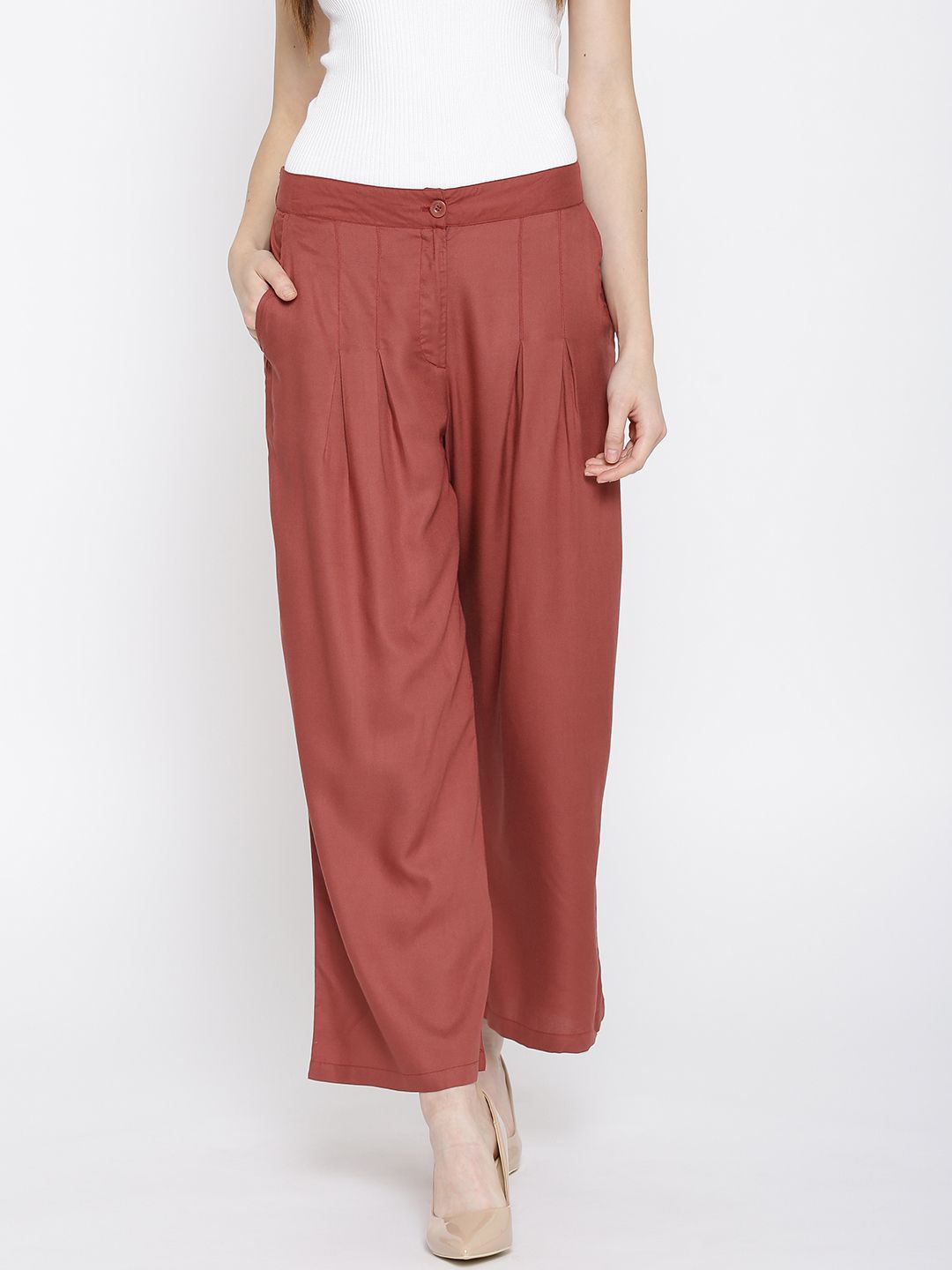 Sera Women Rust Orange Wide Leg Solid Palazzos
