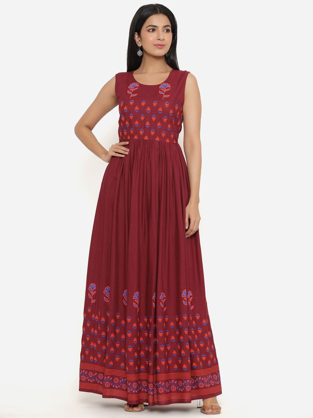 DAEVISH Women Maroon & Orange Floral Printed Maxi Dress Price in India