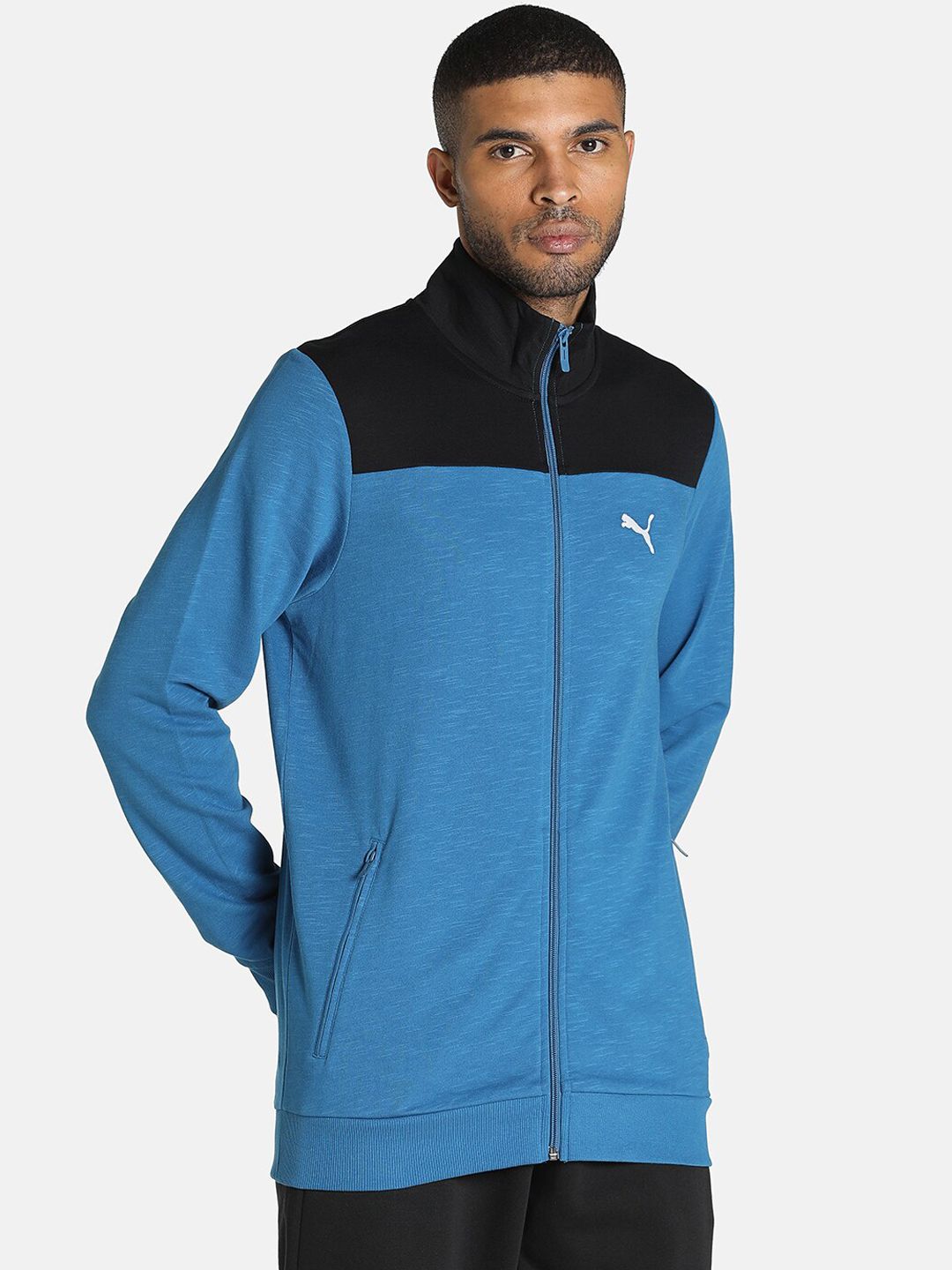 Puma Men Blue Black Colourblocked Outdoor Cotton Slub Sporty Jacket