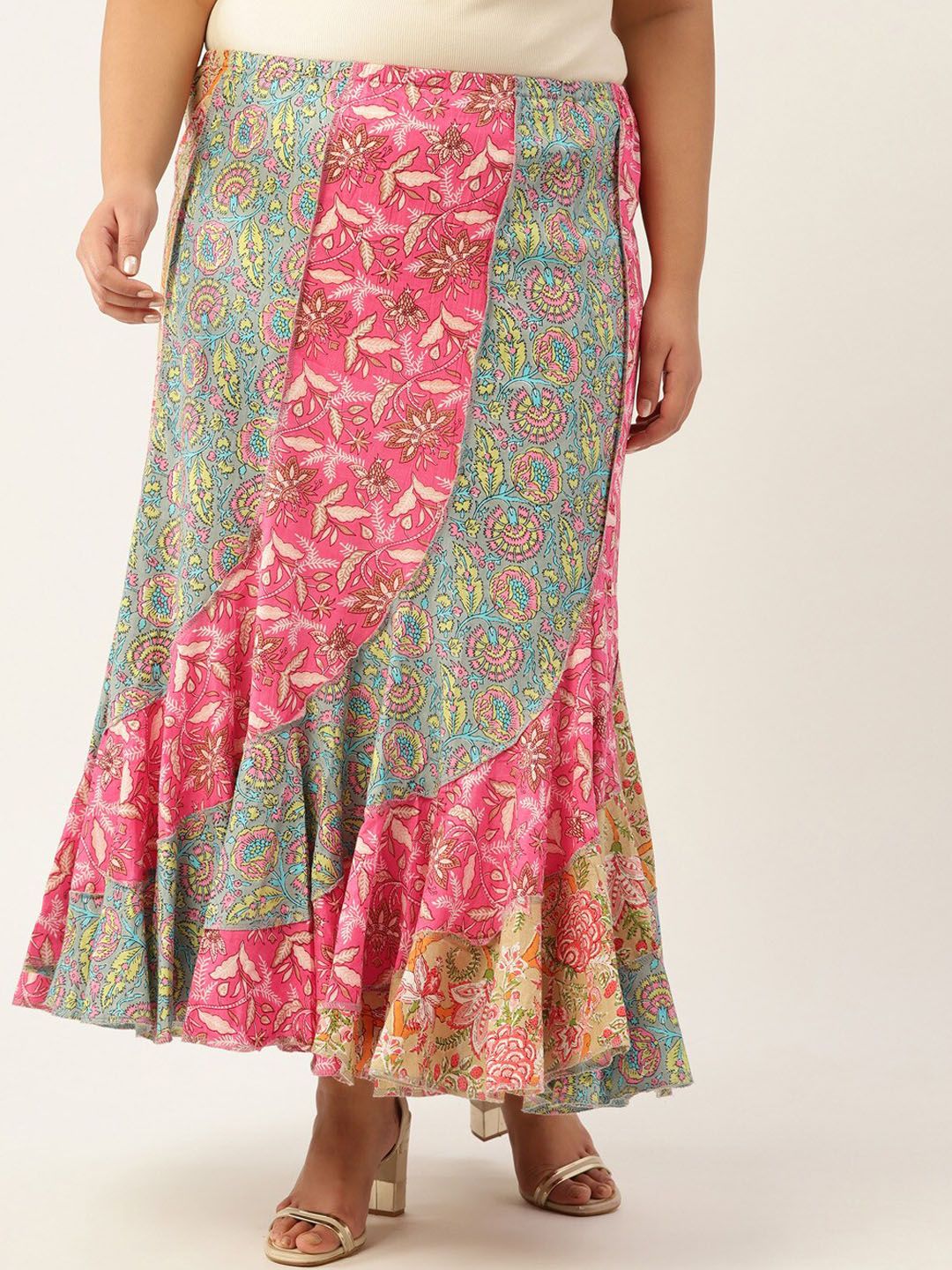 theRebelinme Women Green Floral Printed Cotton Panelled Maxi Skirt Price in India