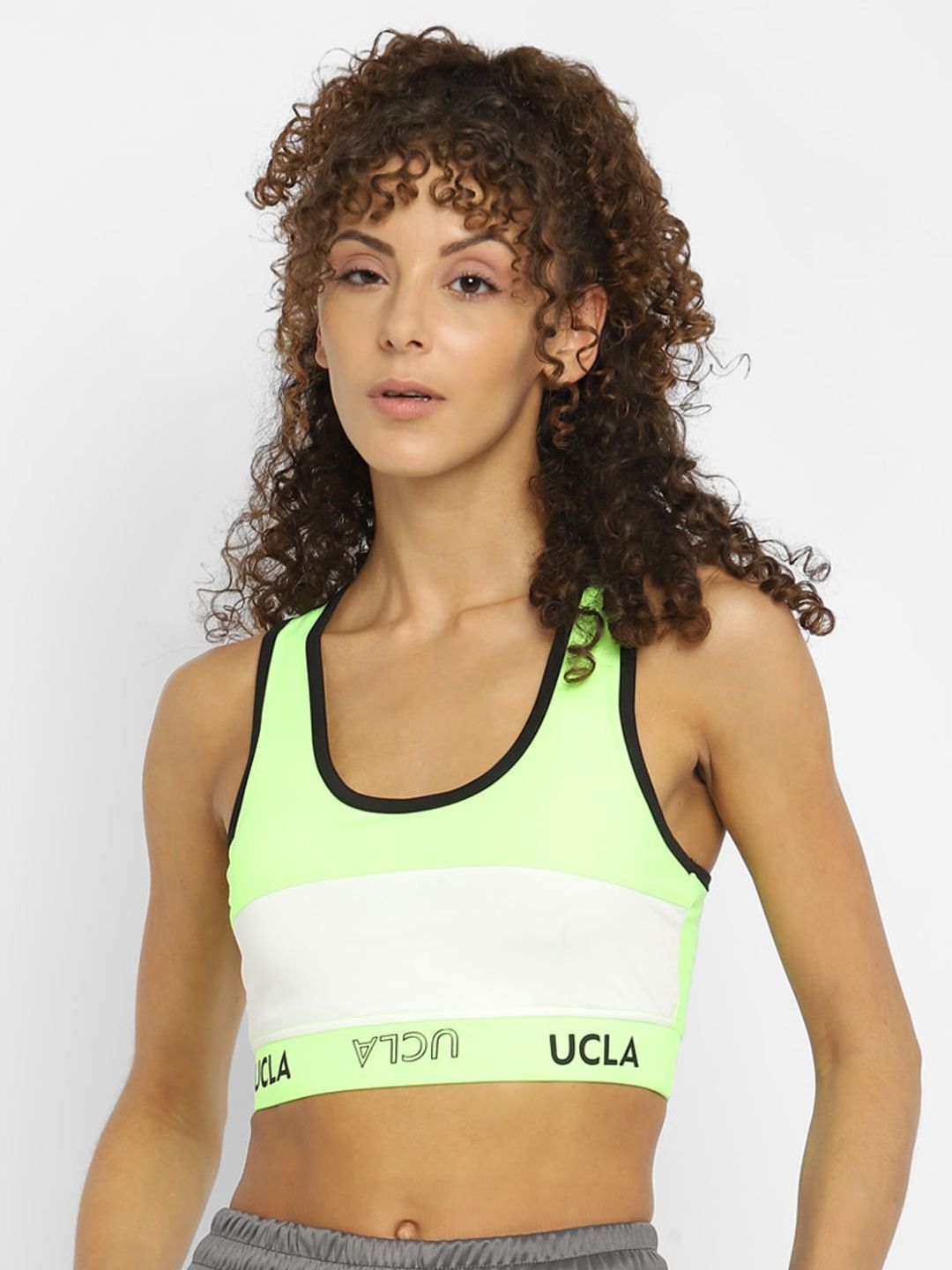 UCLA Fluorescent Green & White Bra Lightly Padded Workout Sports Bra Price in India