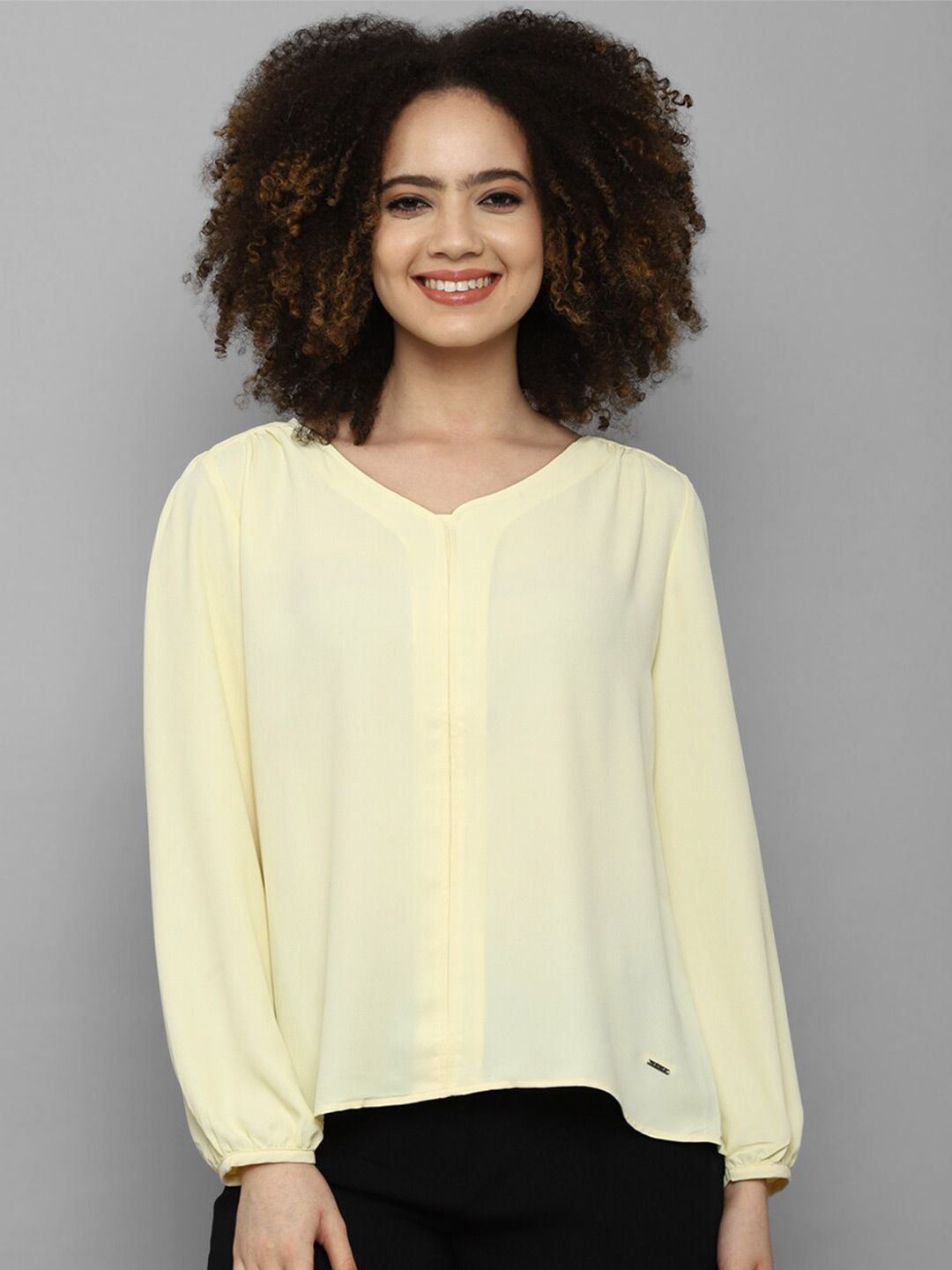 Allen Solly Woman Yellow Solid Long Puff Sleeves Top Price in India