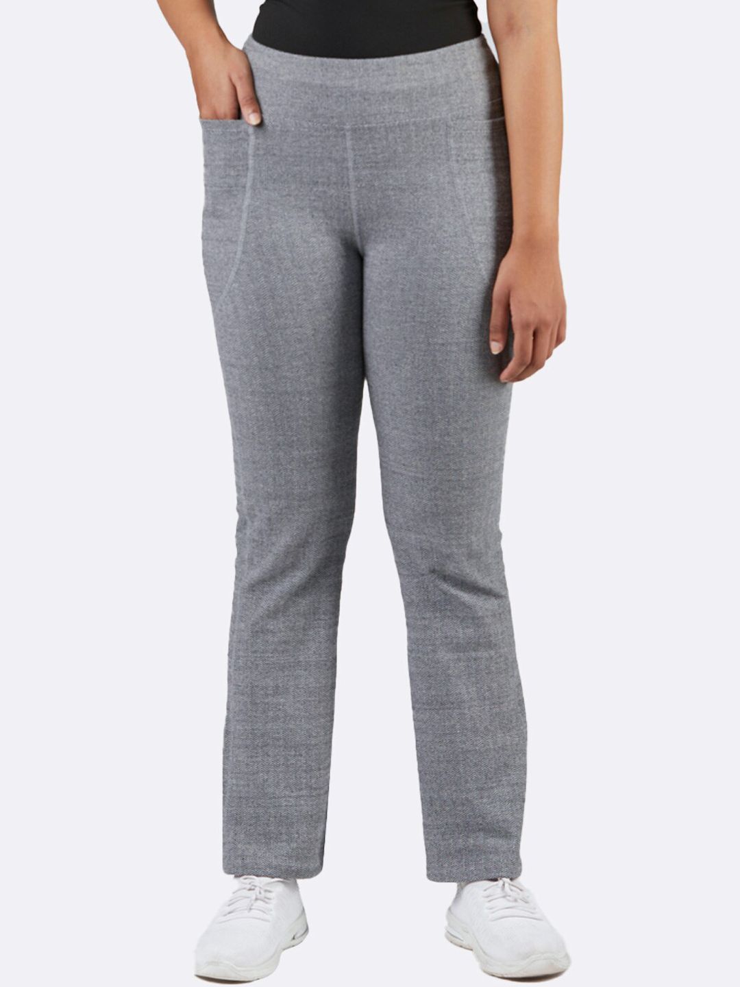 BlissClub Women Grey Herringbone High-Rise Cotton Trousers Price in India