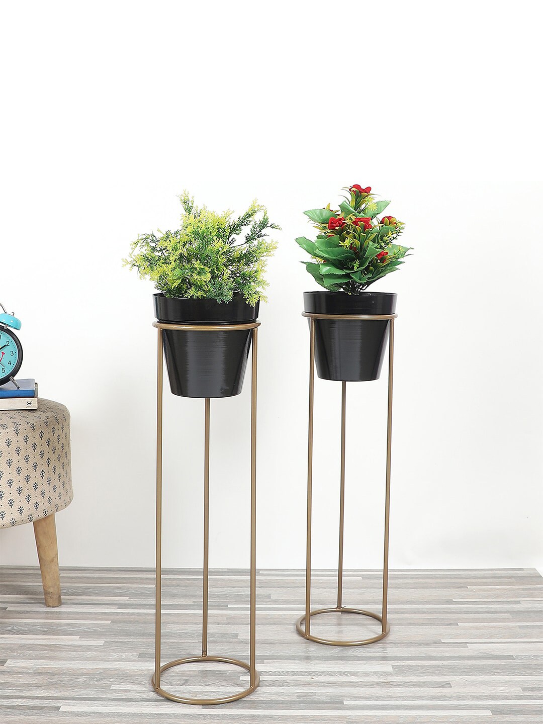 Amaya Decors Set of 2 Gold-Toned & Black Solid Pot Shape Planter With Stand Price in India