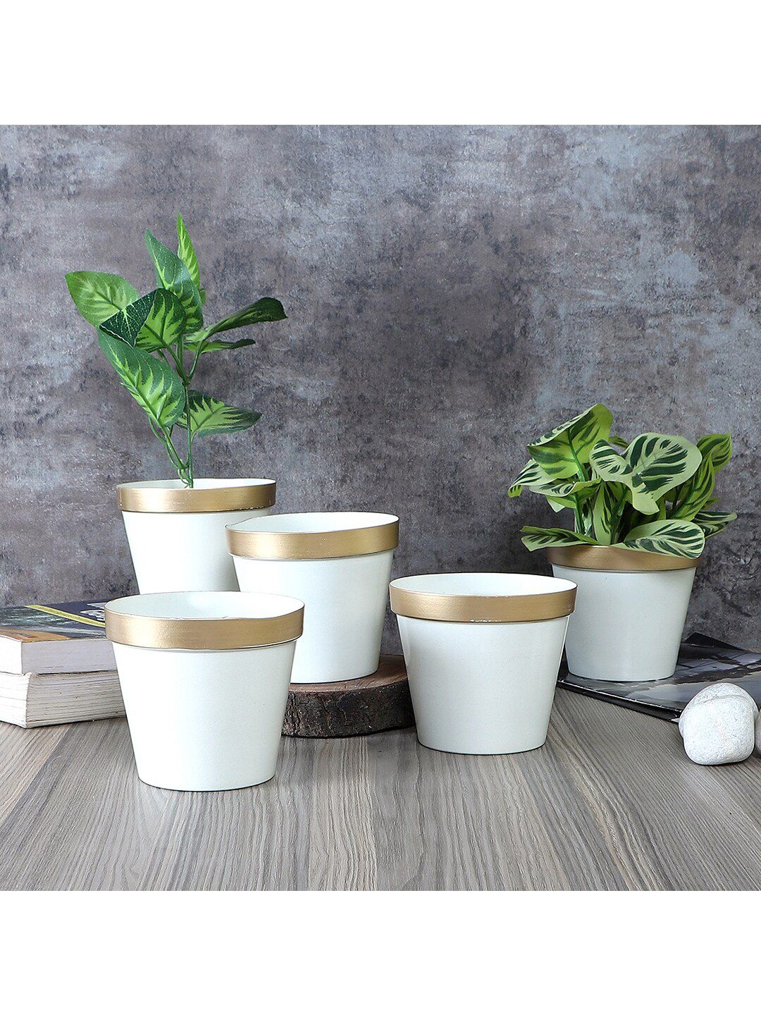 Amaya Decors Set of 5 White & Gold-Toned Solid Pot Planters Price in India