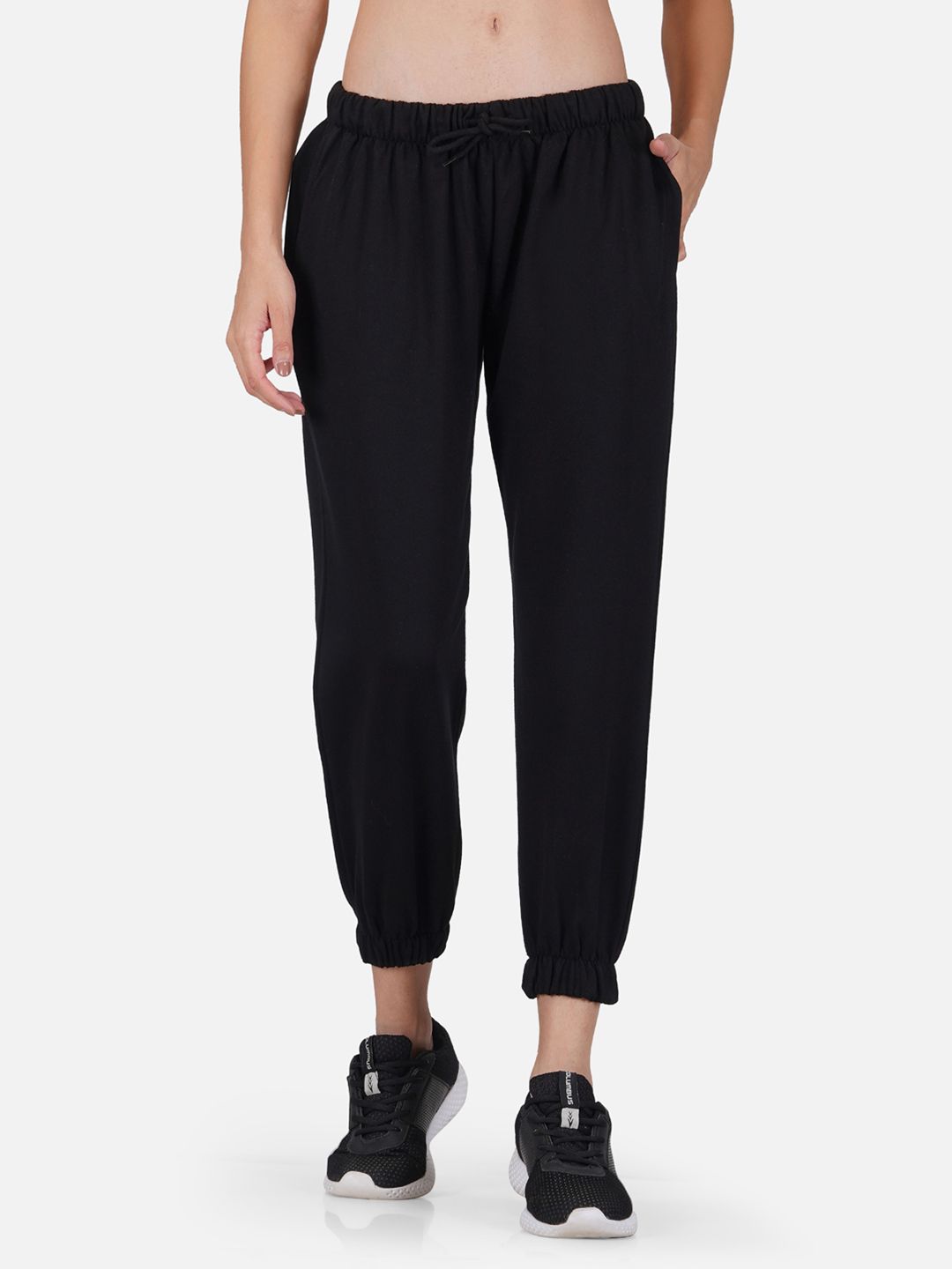 Tinted Women Black Solid Cotton Joggers Price in India