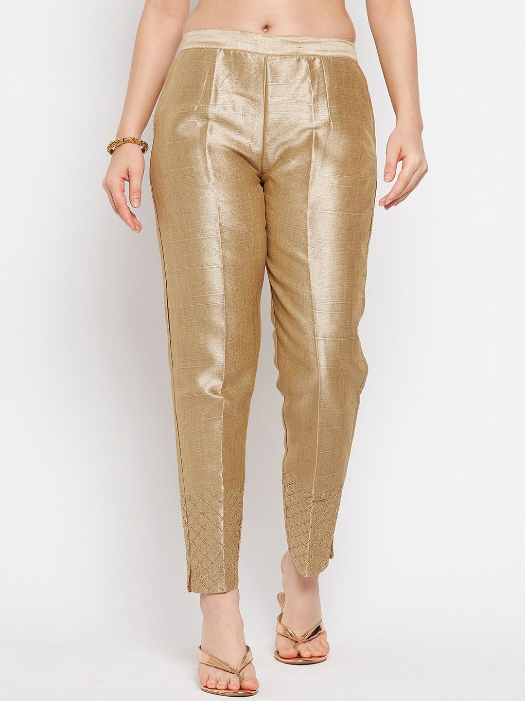 Clora Creation Women Gold-Toned Smart Easy Wash Pleated Trouser Price in India