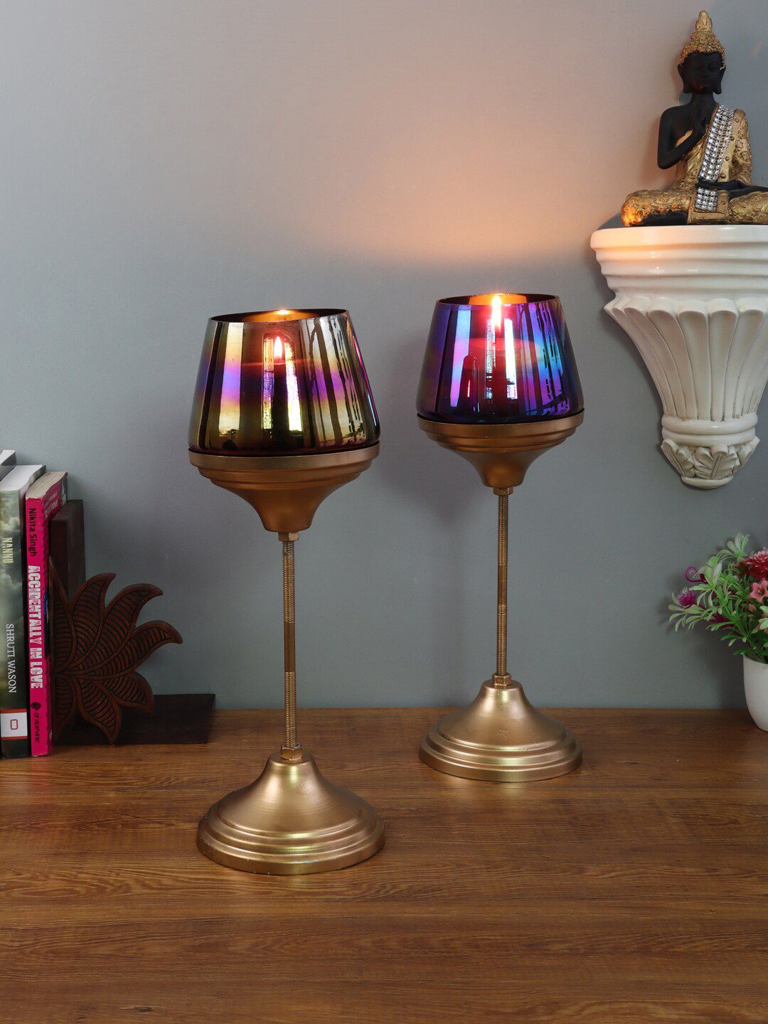 Amaya Decors Set Of 2  Black & Gold-Toned Solid Candle Holders Price in India