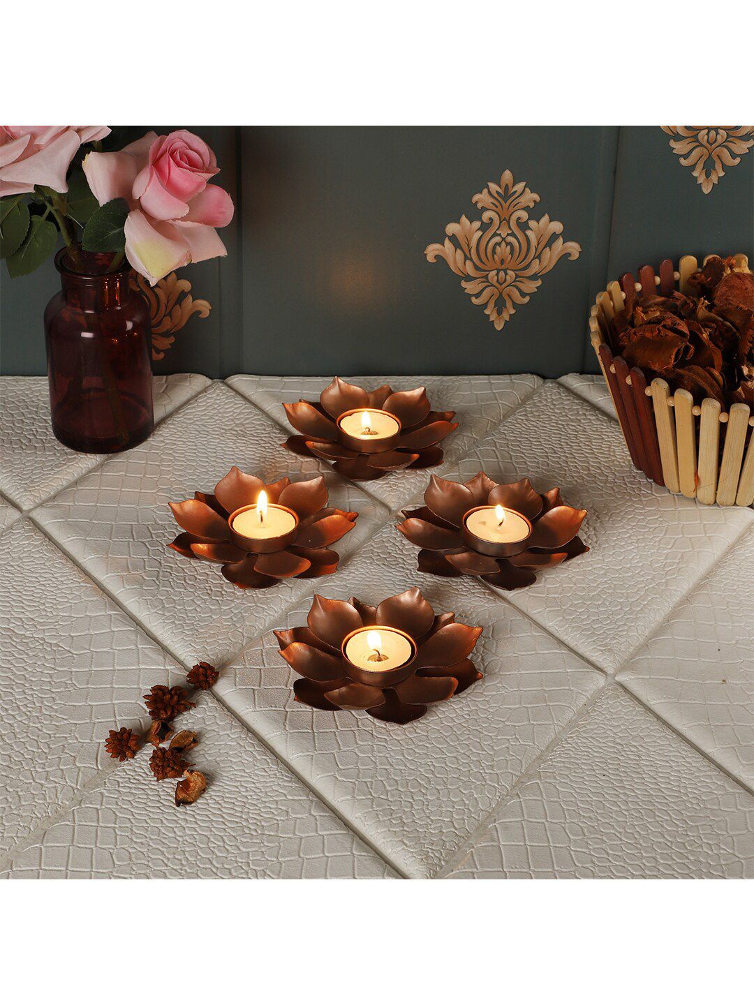 Amaya Decors Set Of 4 Flower Copper Tealight Holder Price in India