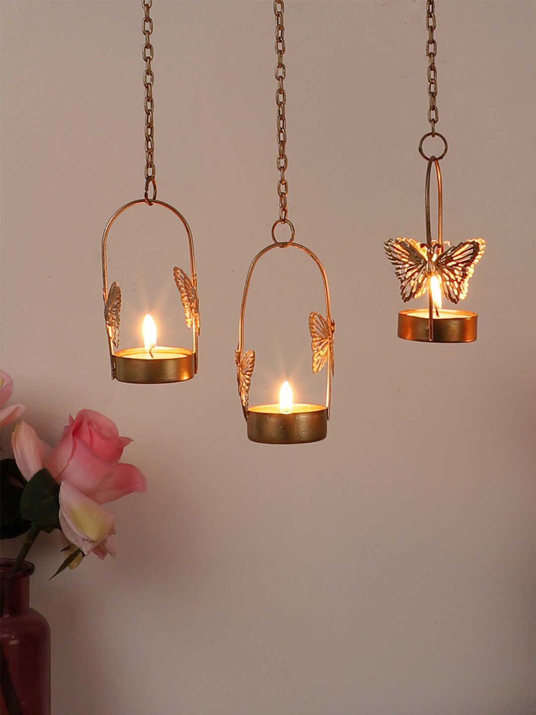 Amaya Decors Set Of 4 Gold-Toned Solid Hanging Butterfly Tealight Holder Price in India