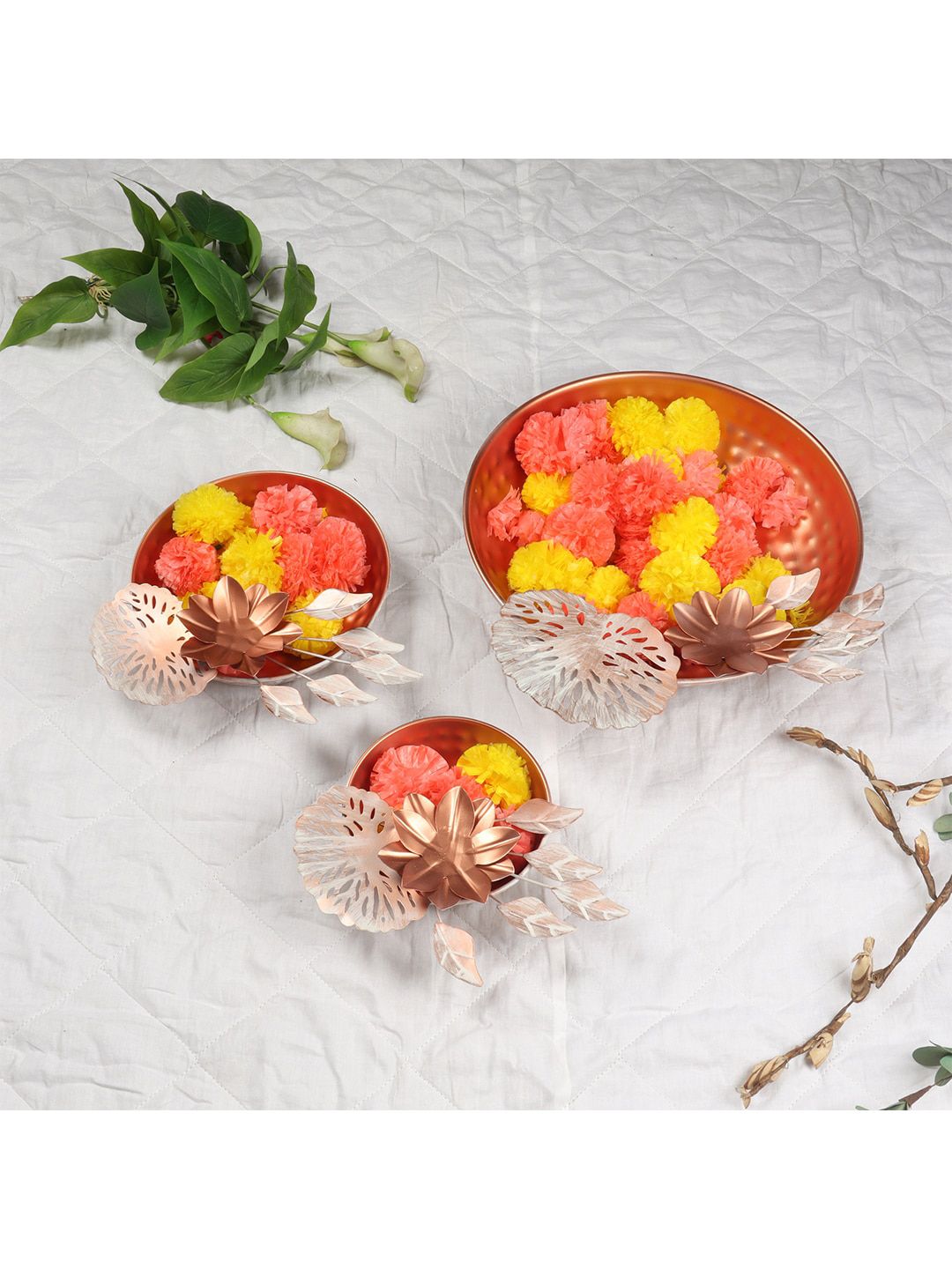 Amaya Decors Pack of 3 Copper Flower Design Urli Bowl Price in India