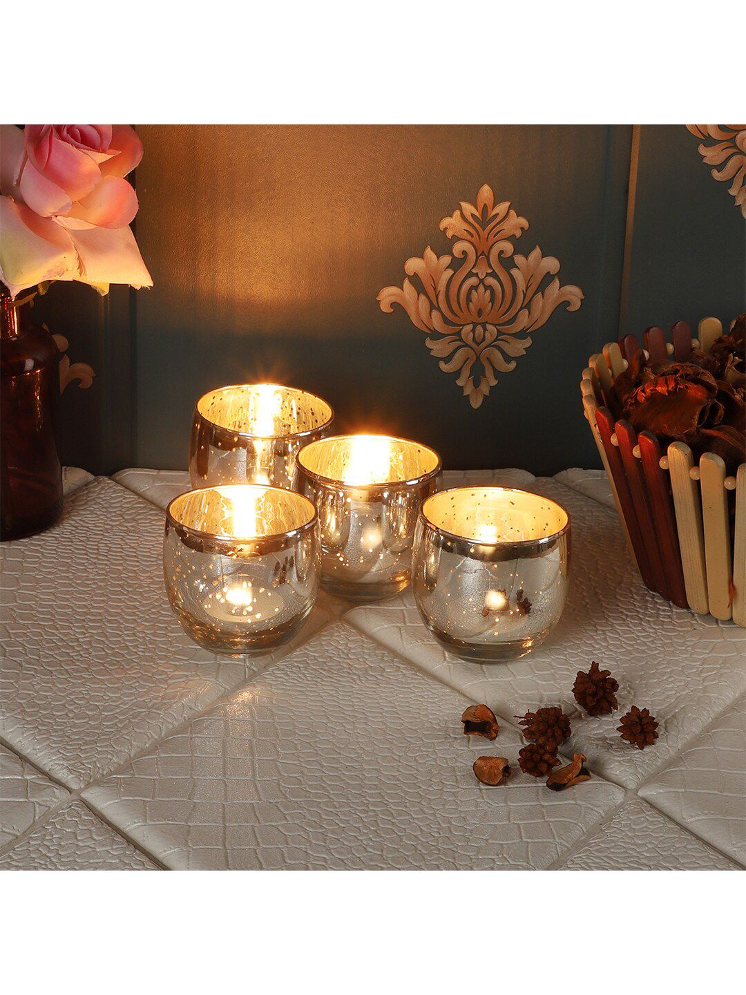 Amaya Decors Set Of 4 Silver-Toned Glass Tealight Holder Price in India