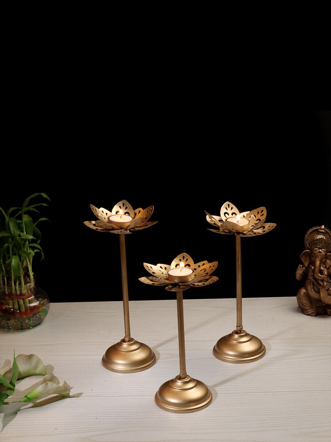 Amaya Decors Set Of 3 Gold-Toned Solid Small Cut Detachable Tealight Holder Price in India