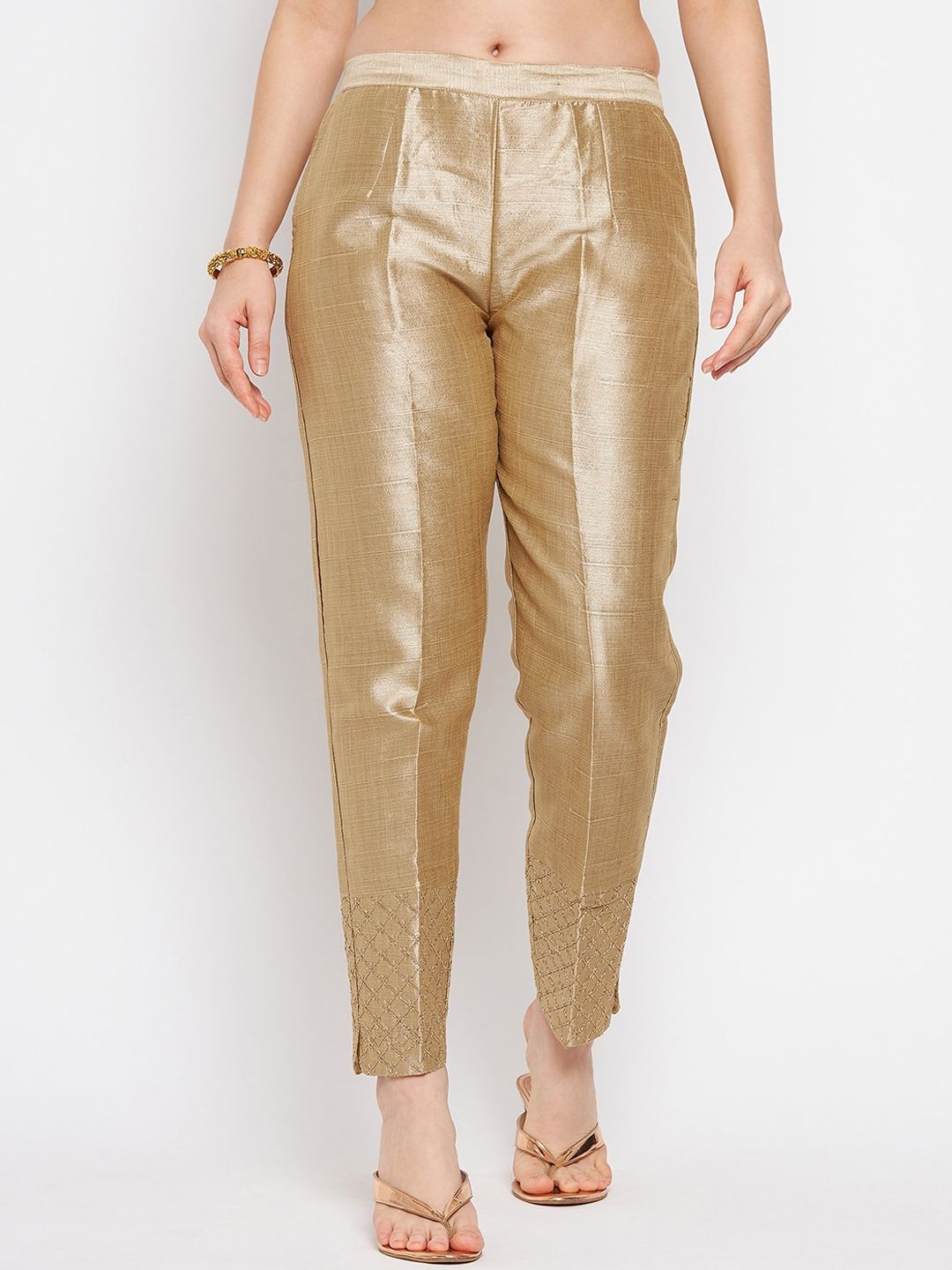 Clora Creation Women Gold-Toned Textured Smart Easy Wash Pleated Trousers Price in India