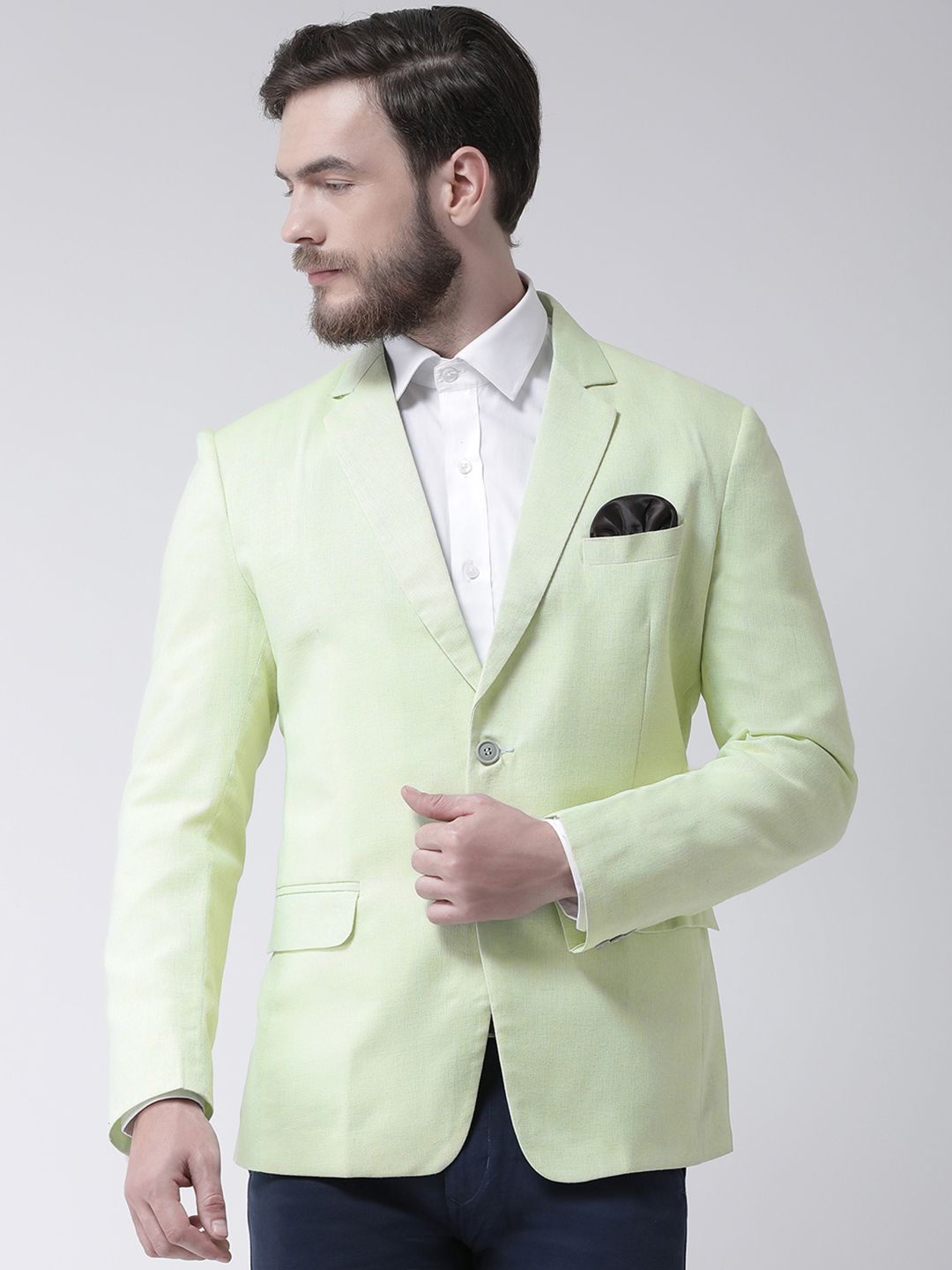 Hangup Men Light Green Solid Linen Single-Breasted Blazer