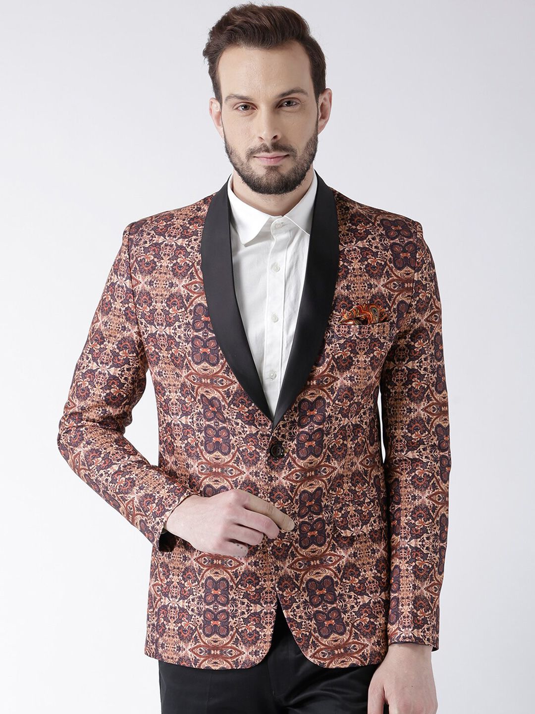 Hangup Men Brown Printed Single Breasted Blazer