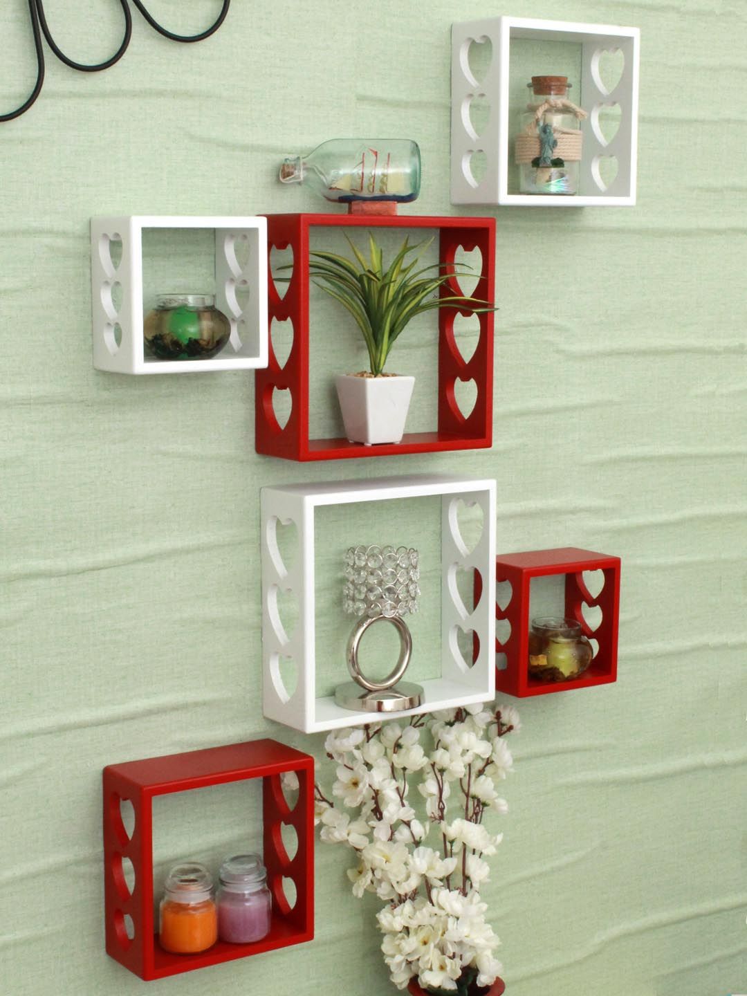 Home Sparkle Set of 6 Red & White Square Shaped Floating Shelves Wood Price in India