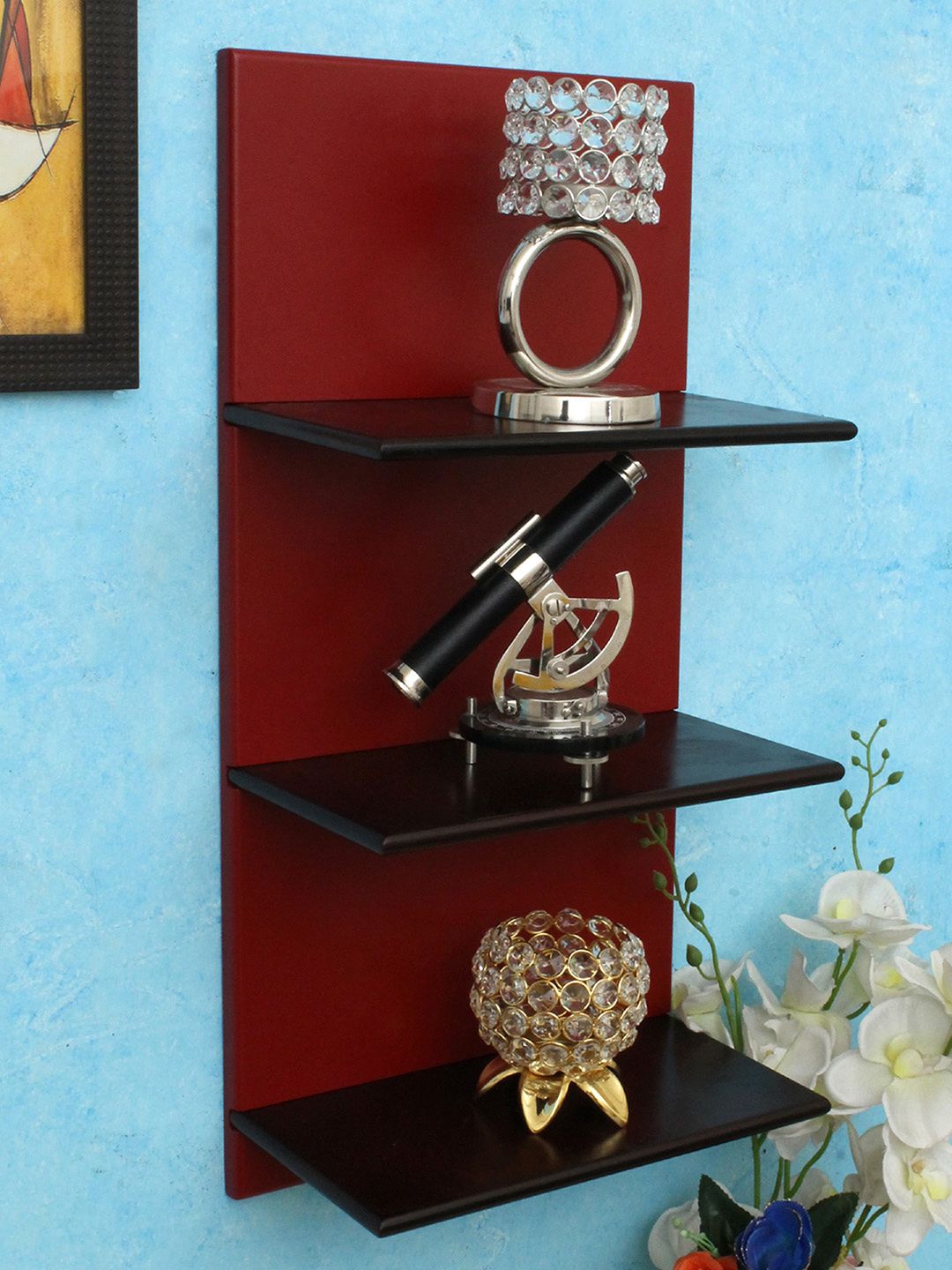 Home Sparkle Maroon Wood 3 Tier Wall Mounted Wood Wall Shelves Price in India