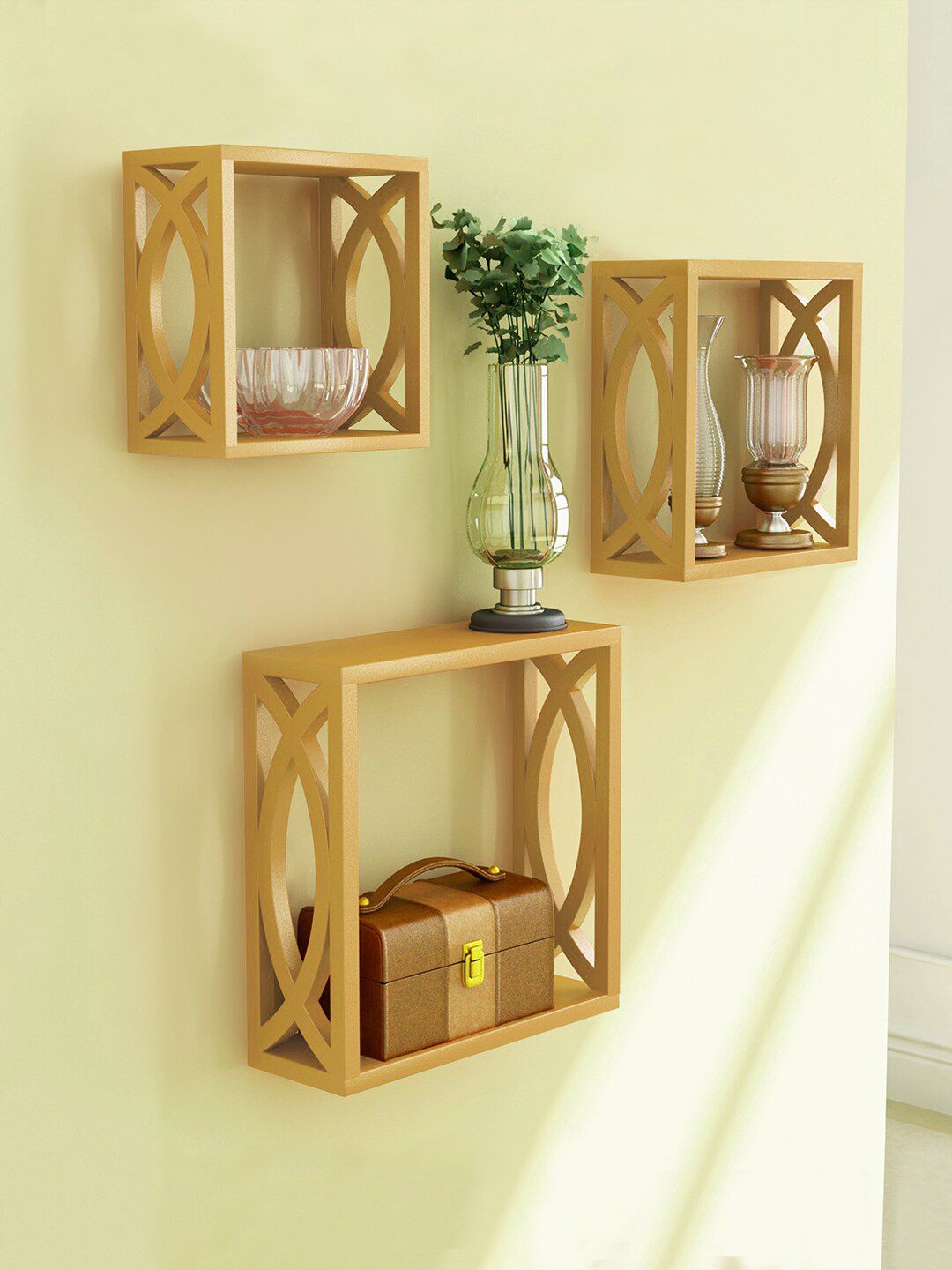 Home Sparkle 3 Gold-Toned Wood Floating Shelves Price in India