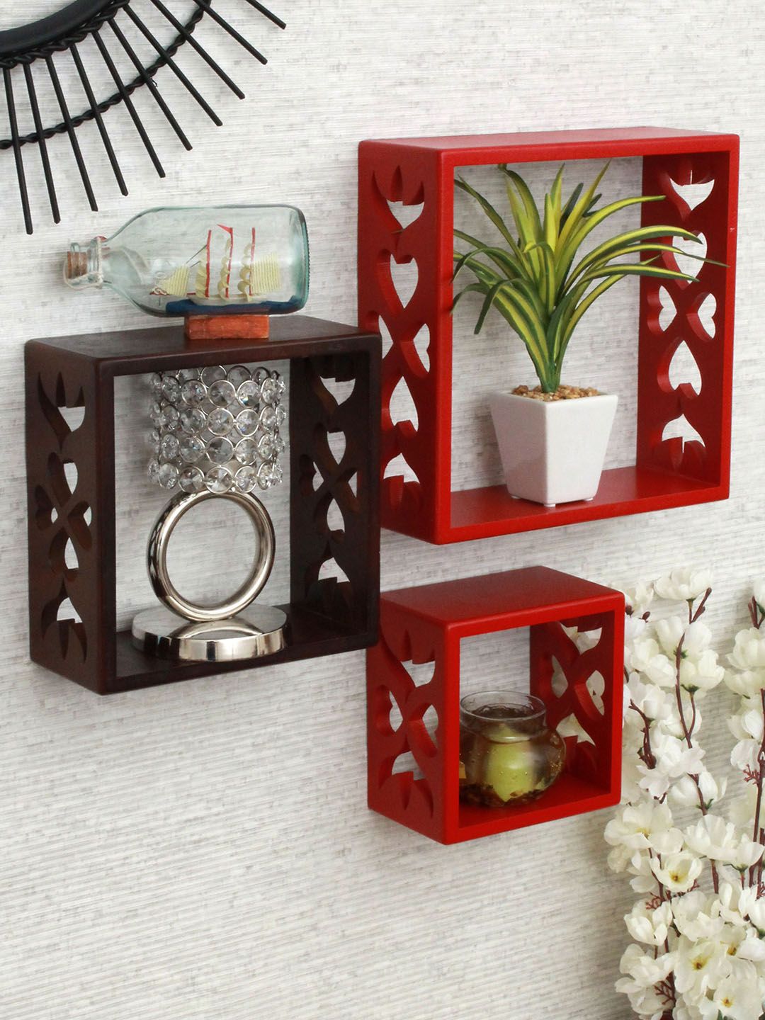 Home Sparkle Red & Brown 3 Set Decorative Wall Mounted Cube Shelves Rack  MDF Price in India