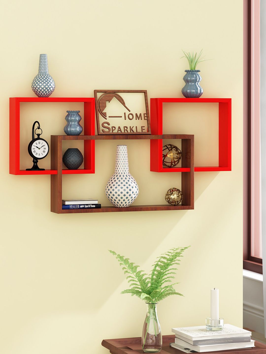 Home Sparkle Brown & Red Solid Wooden Wall Shelves Price in India